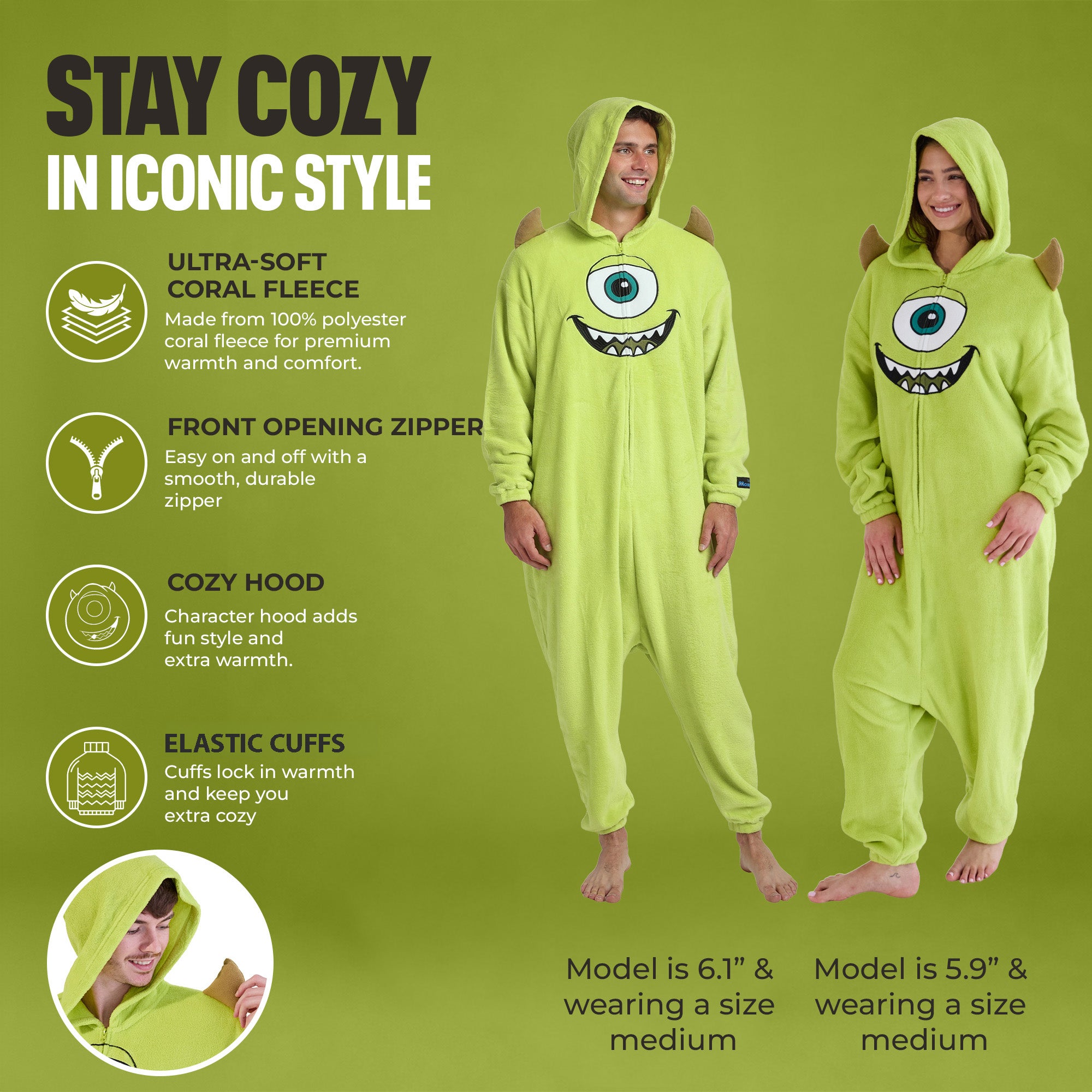 Monsters Inc Mike Wazowski Adult Green Long Sleeve Hooded Kigurumi Onesie Costume Cosplay Suit