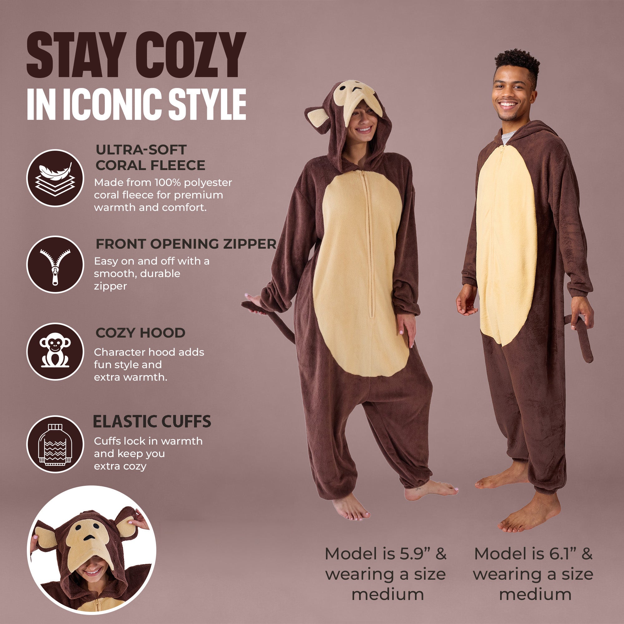 Monkey Adult Long Sleeve Hooded Kirugumi Cosplay Onesie Costume Suit