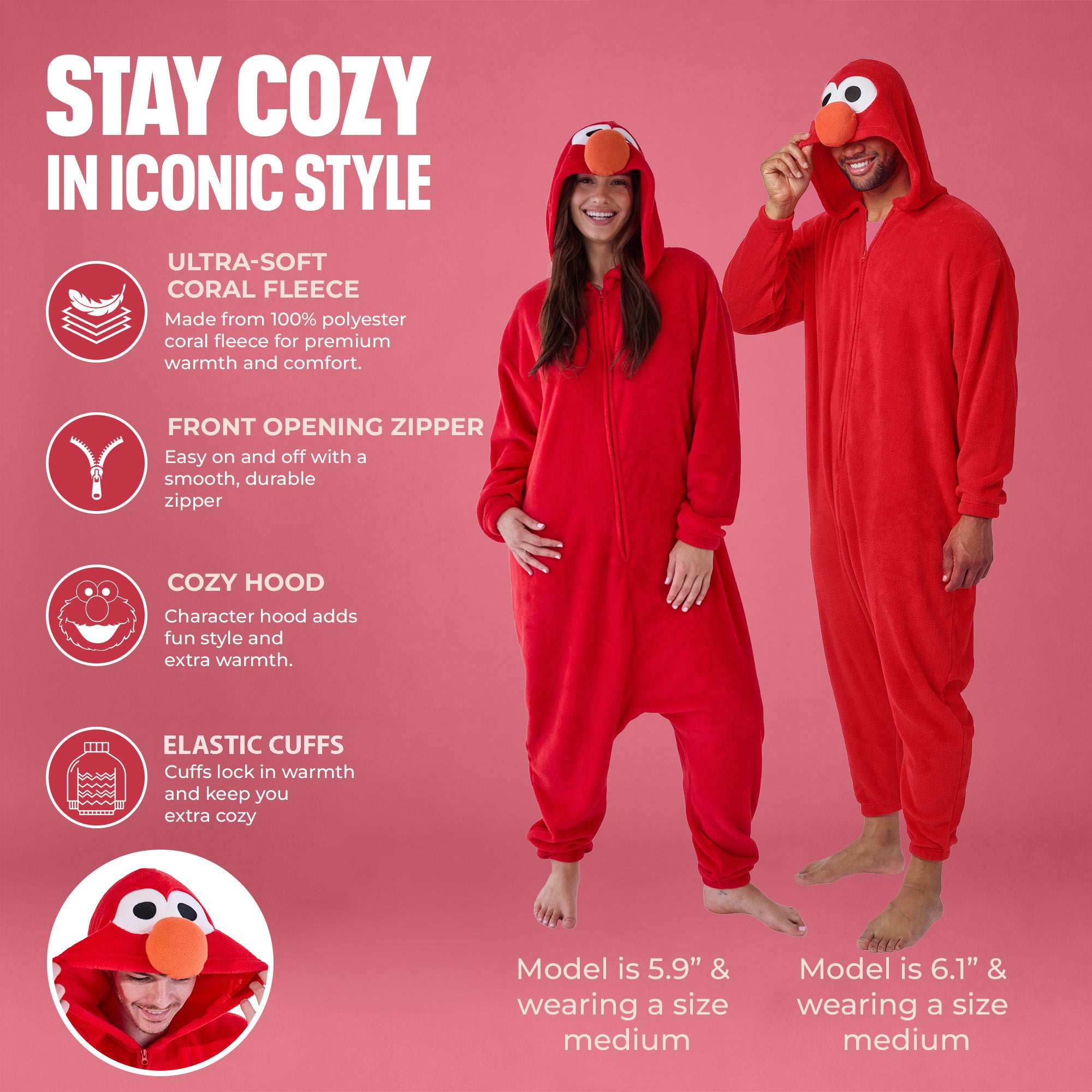 Sesame Street Elmo Adult Red Long Sleeve Hooded Kigurumi Cosplay Onesie Costume Suit