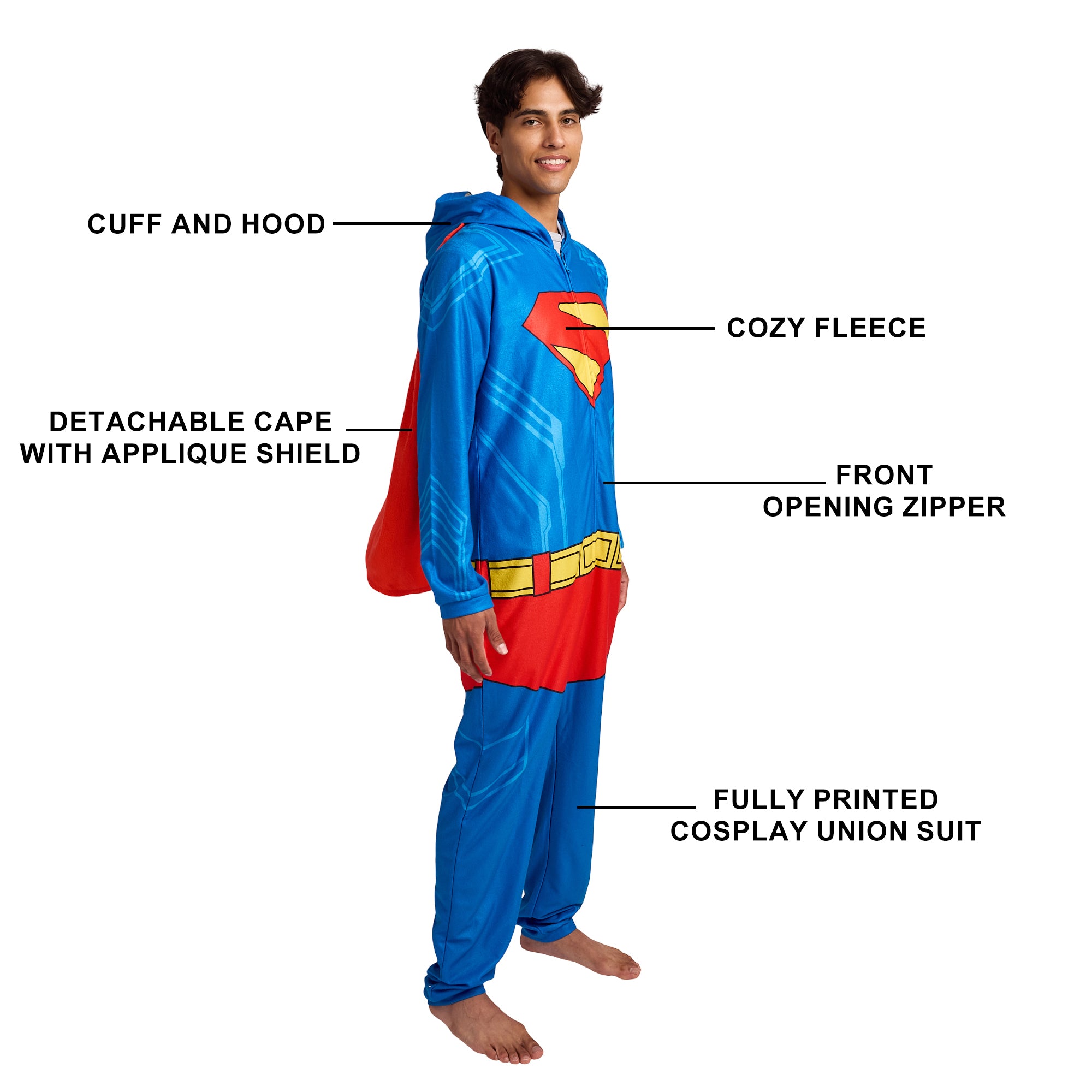 Superman Adult Long Sleeve Hooded Cosplay Onesie Costume Union Suit