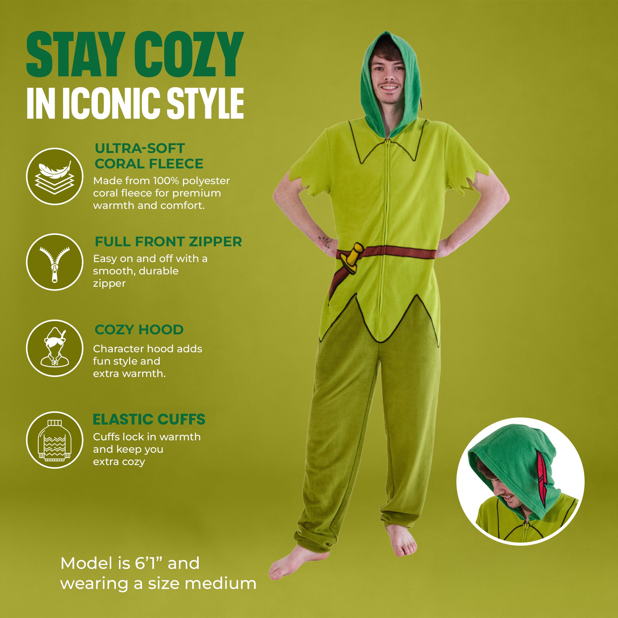 Disney Peter Pan Adult Long Sleeve Hooded Cosplay Onesie Costume Union Suit
