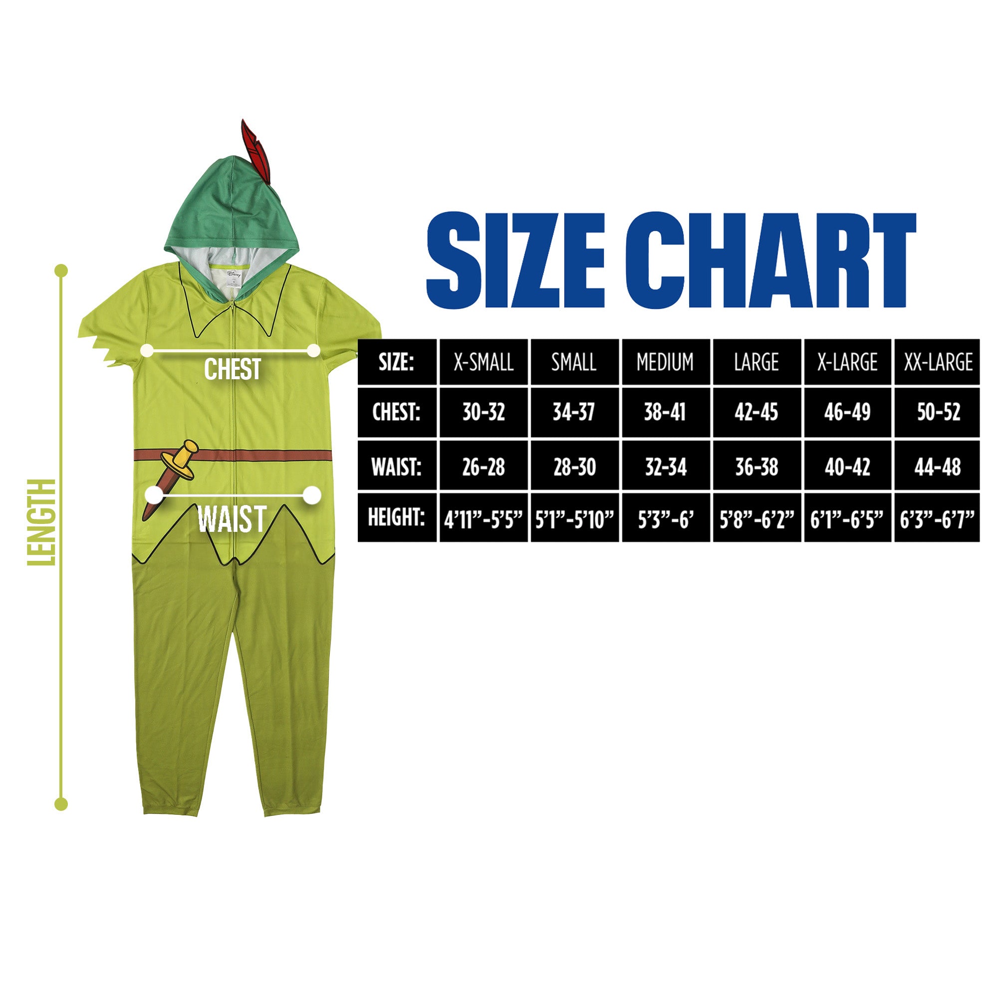 Disney Peter Pan Adult Long Sleeve Hooded Cosplay Onesie Costume Union Suit