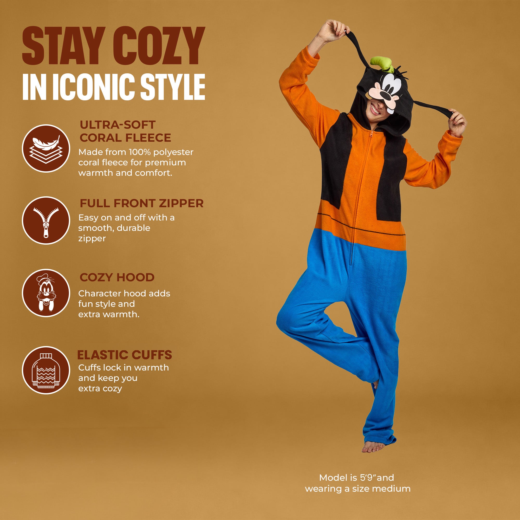 Disney Goofy Adult Long Sleeve Hooded Cosplay Onesie Costume Union Suit