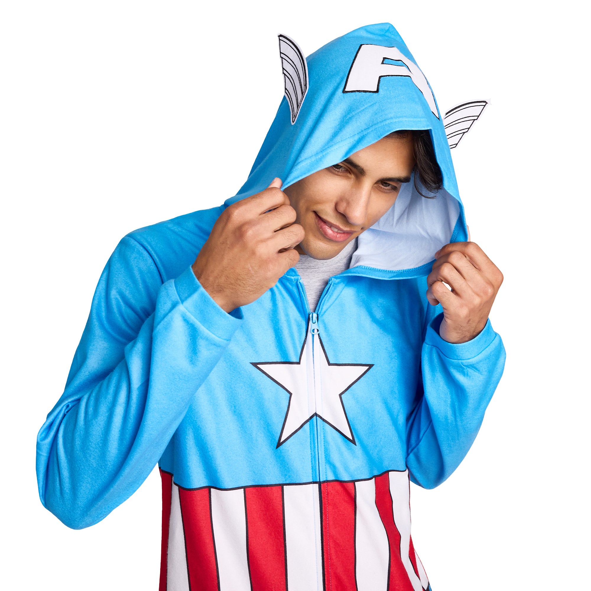 Marvel Comics Presents Captain America Adult Long Sleeve Hooded Cosplay Onesie Costume Union Suit