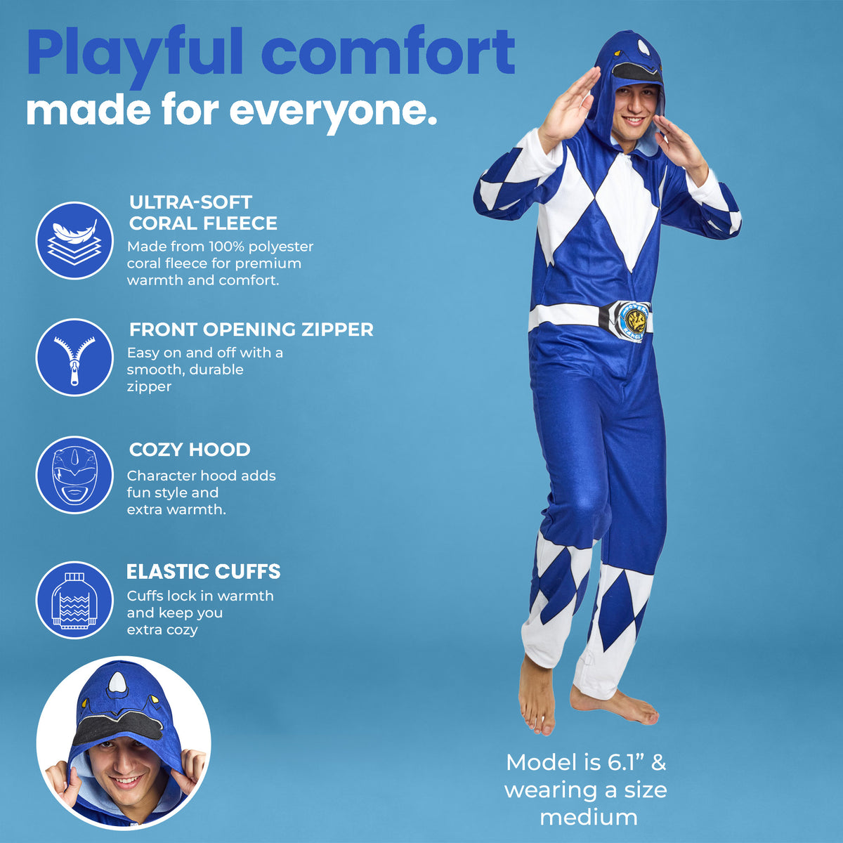 Power Rangers Blue Ranger Adult Long Sleeve Hooded Cosplay Union Suit