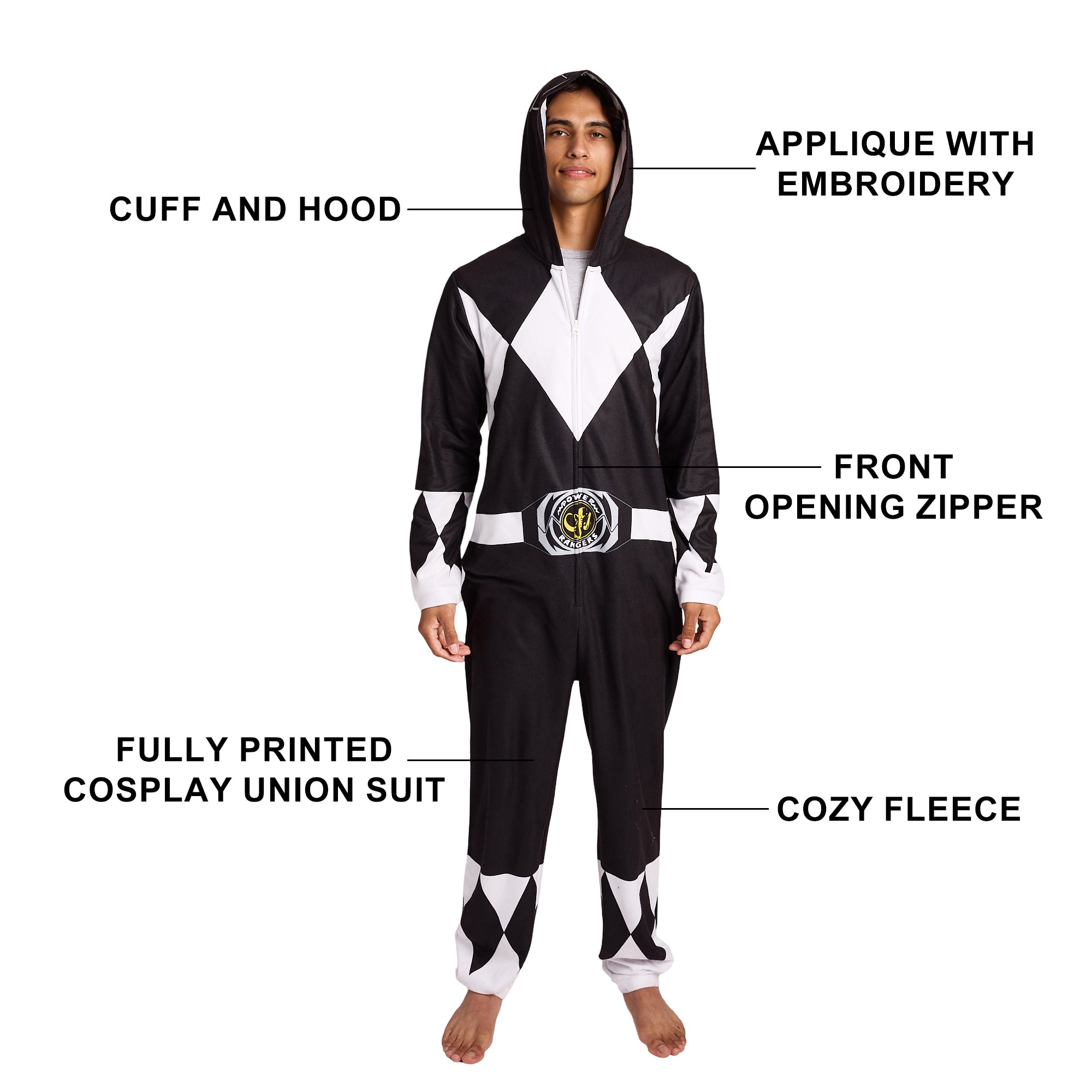 Power Rangers Black Ranger Adult Long Sleeve Hooded Cosplay Onesie Costume Union Suit