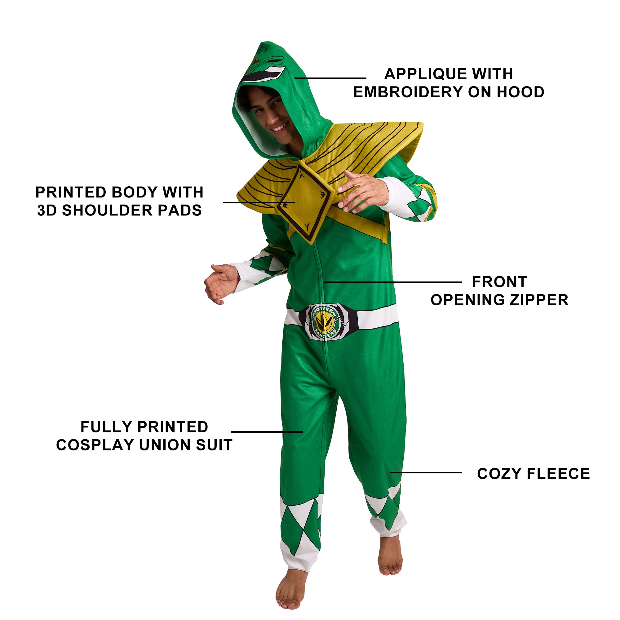 Power Rangers Green Ranger Adult Long Sleeve Hooded Cosplay Onesie Costume Union Suit
