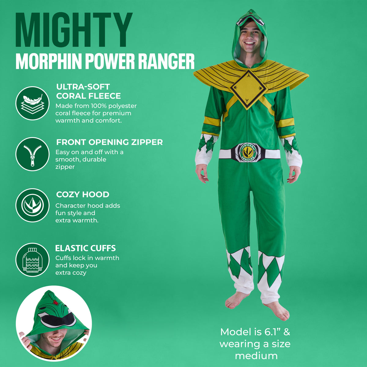 Power Rangers Green Ranger Adult Long Sleeve Hooded Cosplay Onesie Costume Union Suit