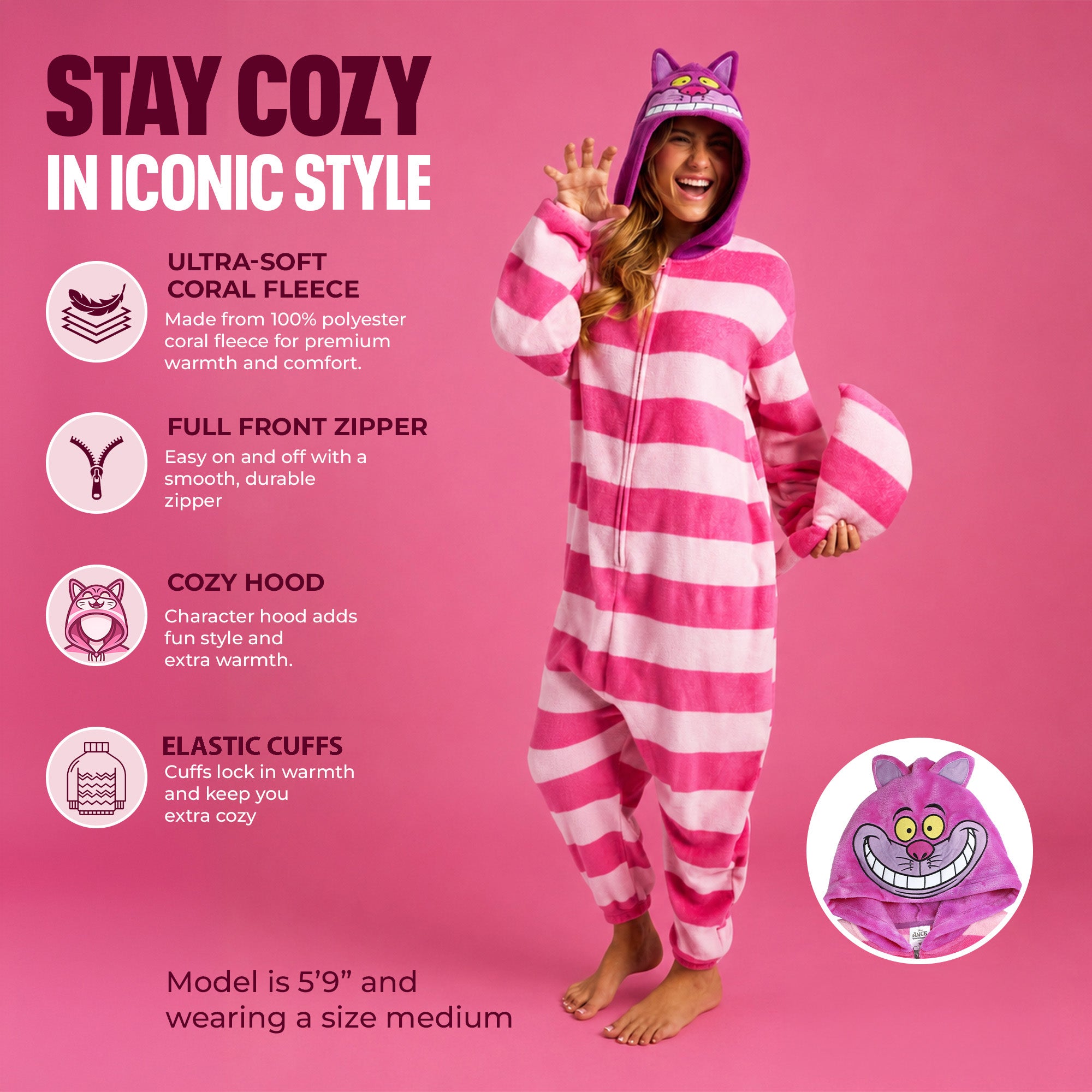 Alice in Wonderland Cheshire Cat Adult Cosplay Union Suit With Cuffs And Hood