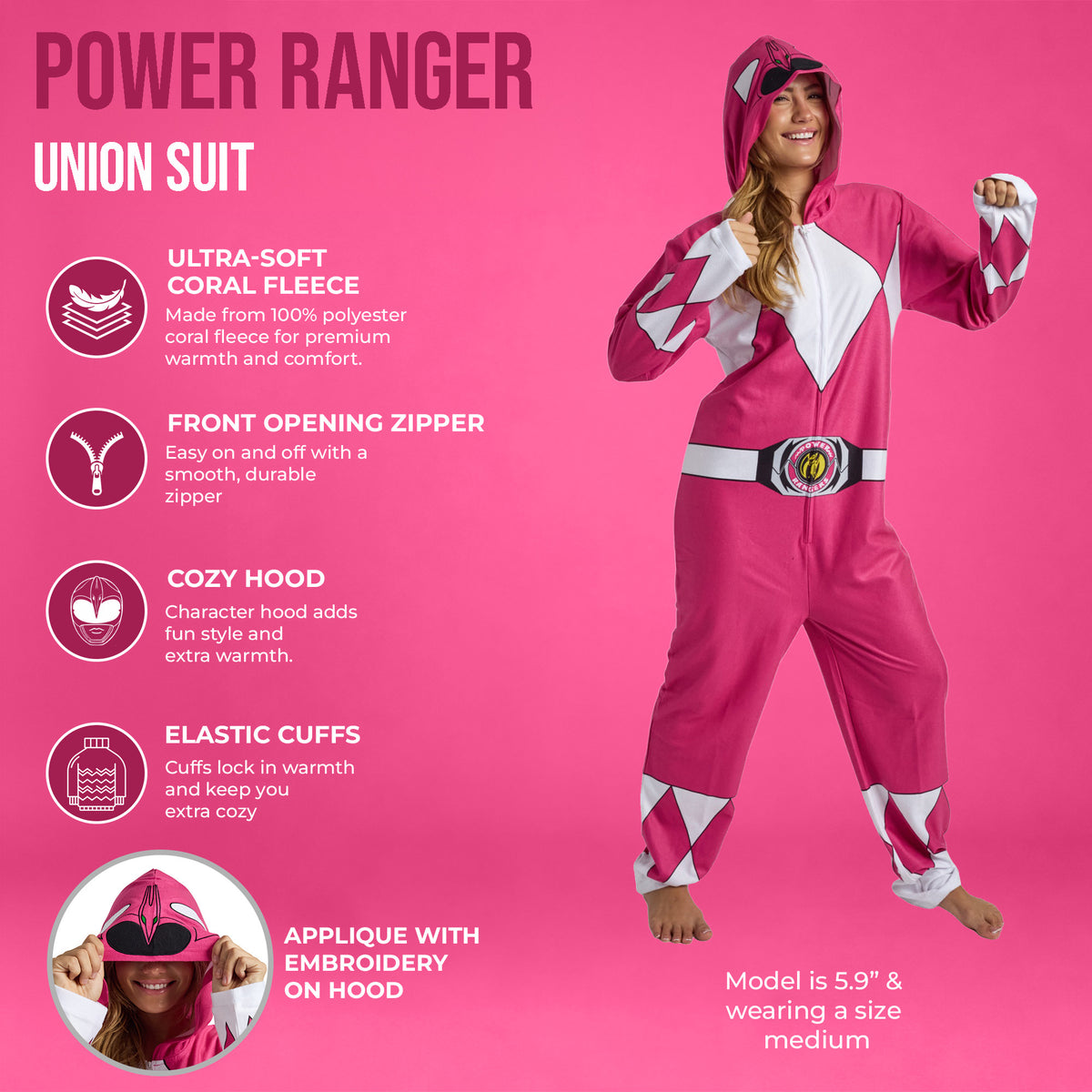 Power Rangers Pink Ranger Adult Long Sleeve Hooded Cosplay Union Suit