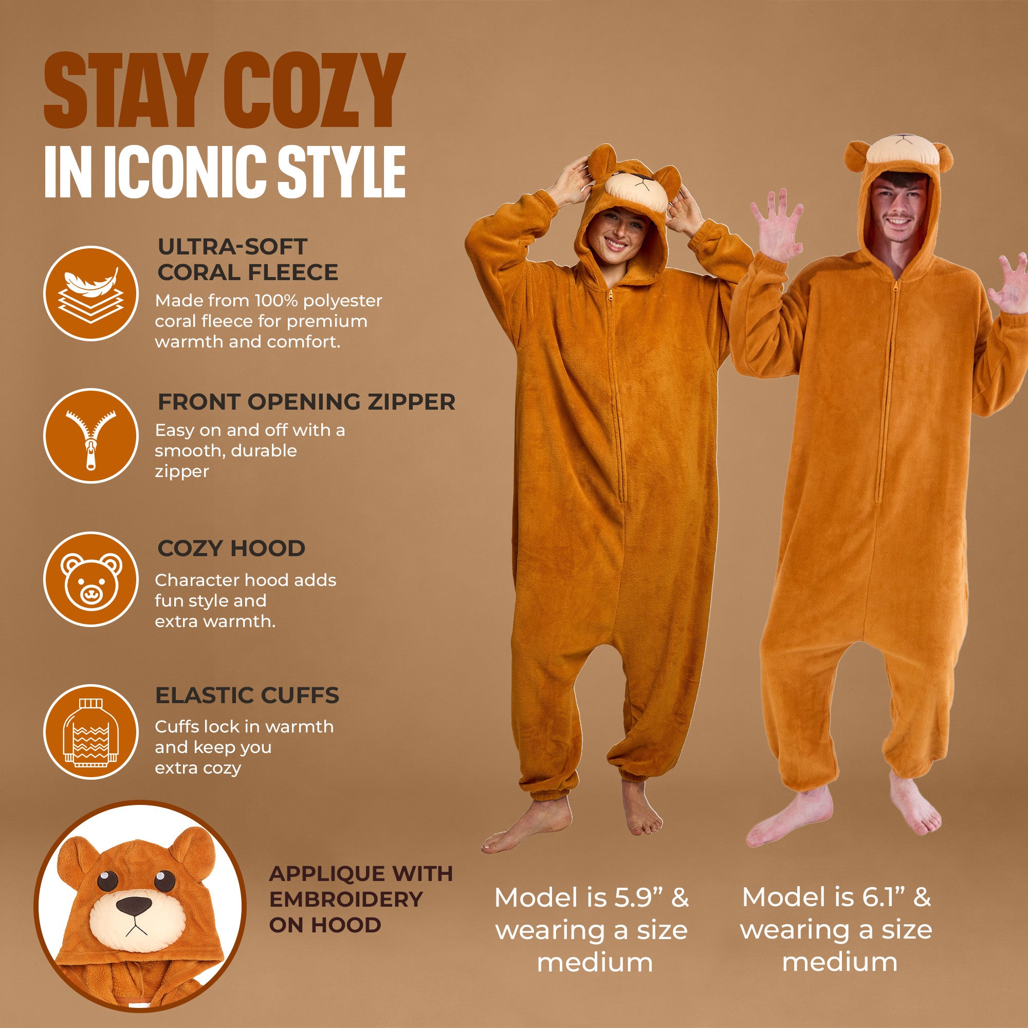 Bear Adult Brown Long Sleeve Hooded Kigurumi Cosplay Suit