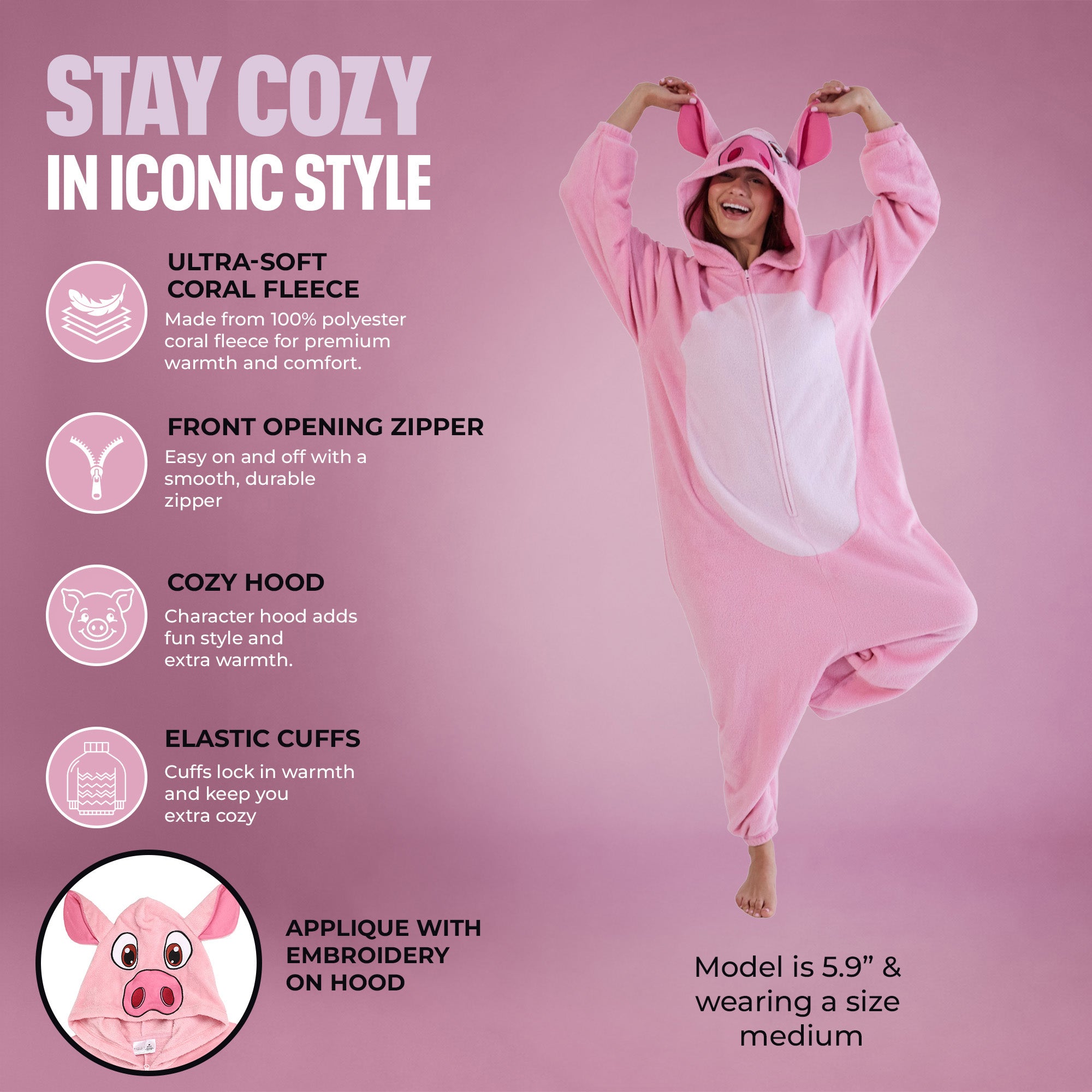 Pig Adult Pink Long Sleeve Hooded Kigurumi Cosplay Suit