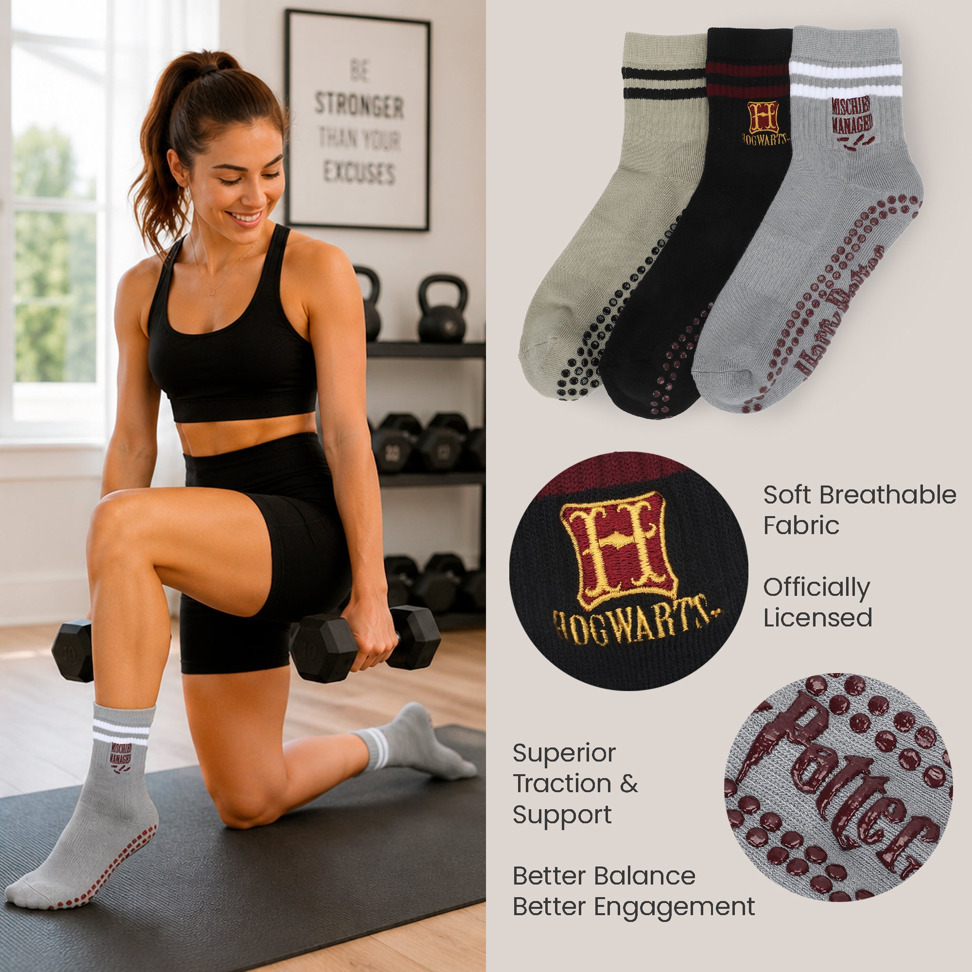 Harry Potter Hogwarts Mischief Managed Women’s 3-Pair Pack Plate Grip Quarter Crew Socks