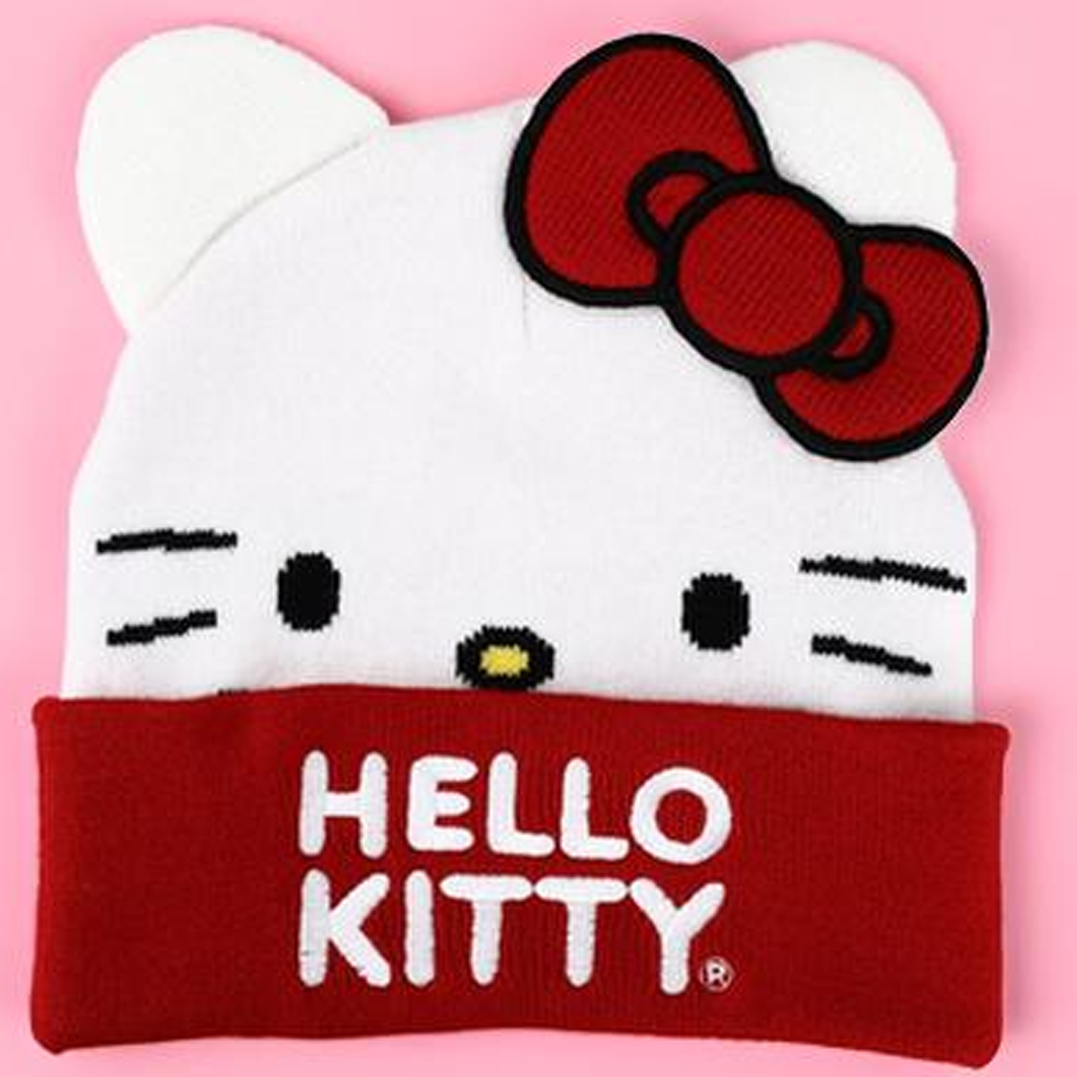 Sanrio Hello Kitty Big Face Bow Embroidered Beanie Hat for Adults