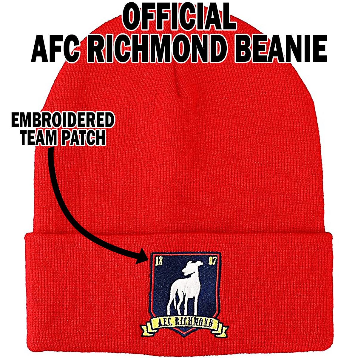 Ted Lasso AFC Richmond Greyhounds Red Cuffed Beanie – Adult Unisex Knit Winter Hat, Acrylic Embroidered Logo