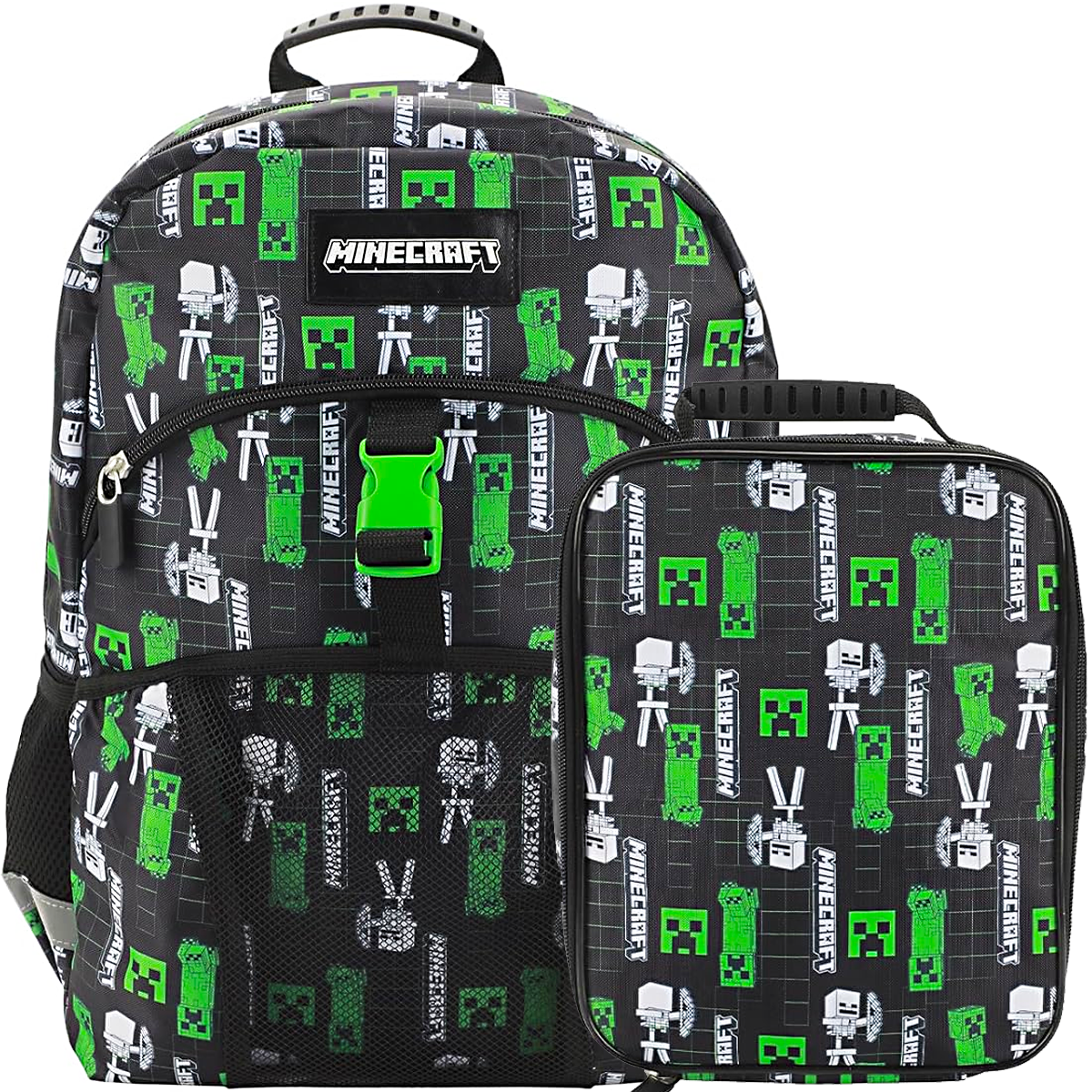 Minecraft Creepers 2-Piece 16" Premium Backpack & Lunch Kit Set For School And Travel