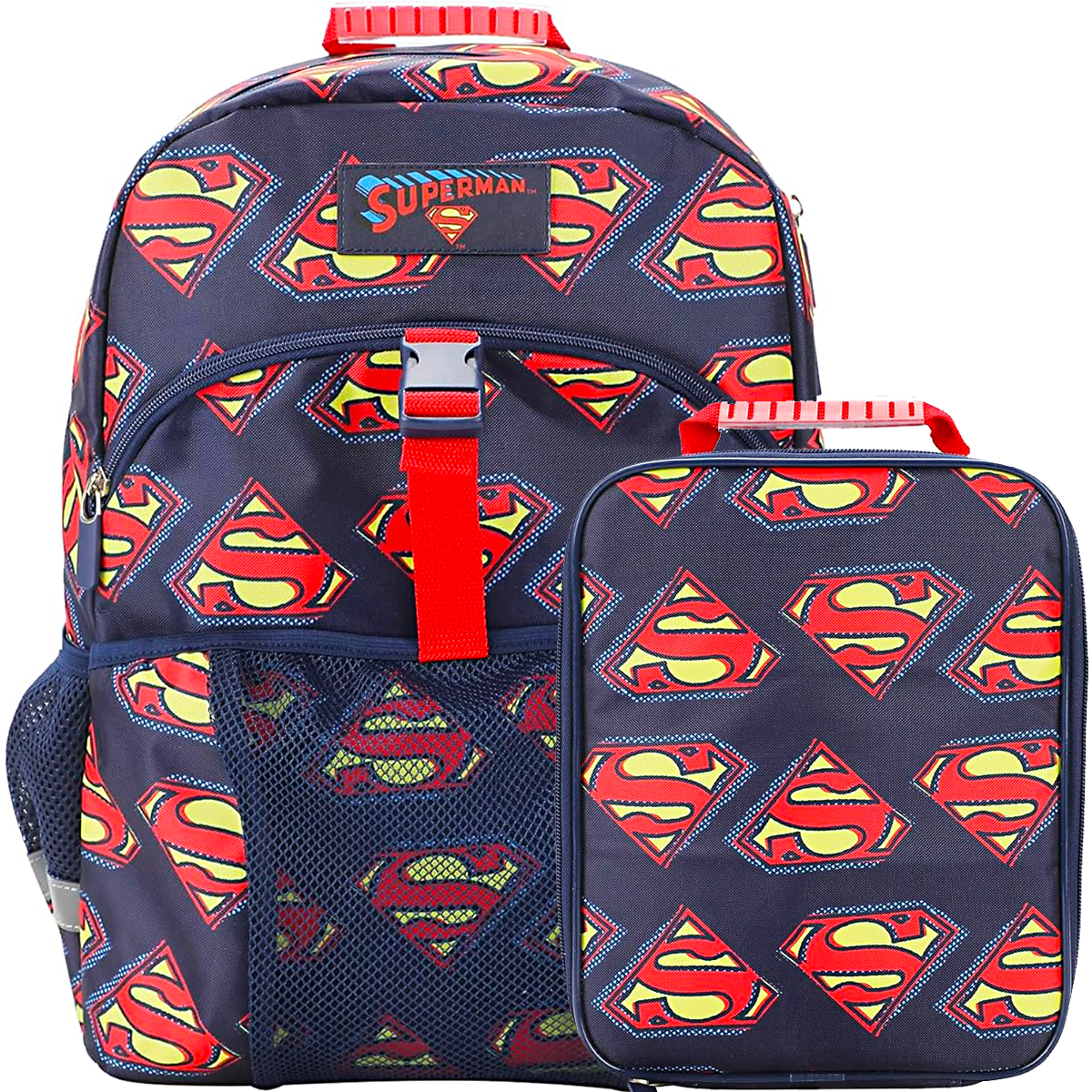 Superman Logo All-Over Print 16" Premium Backpack & Lunch Kit Set