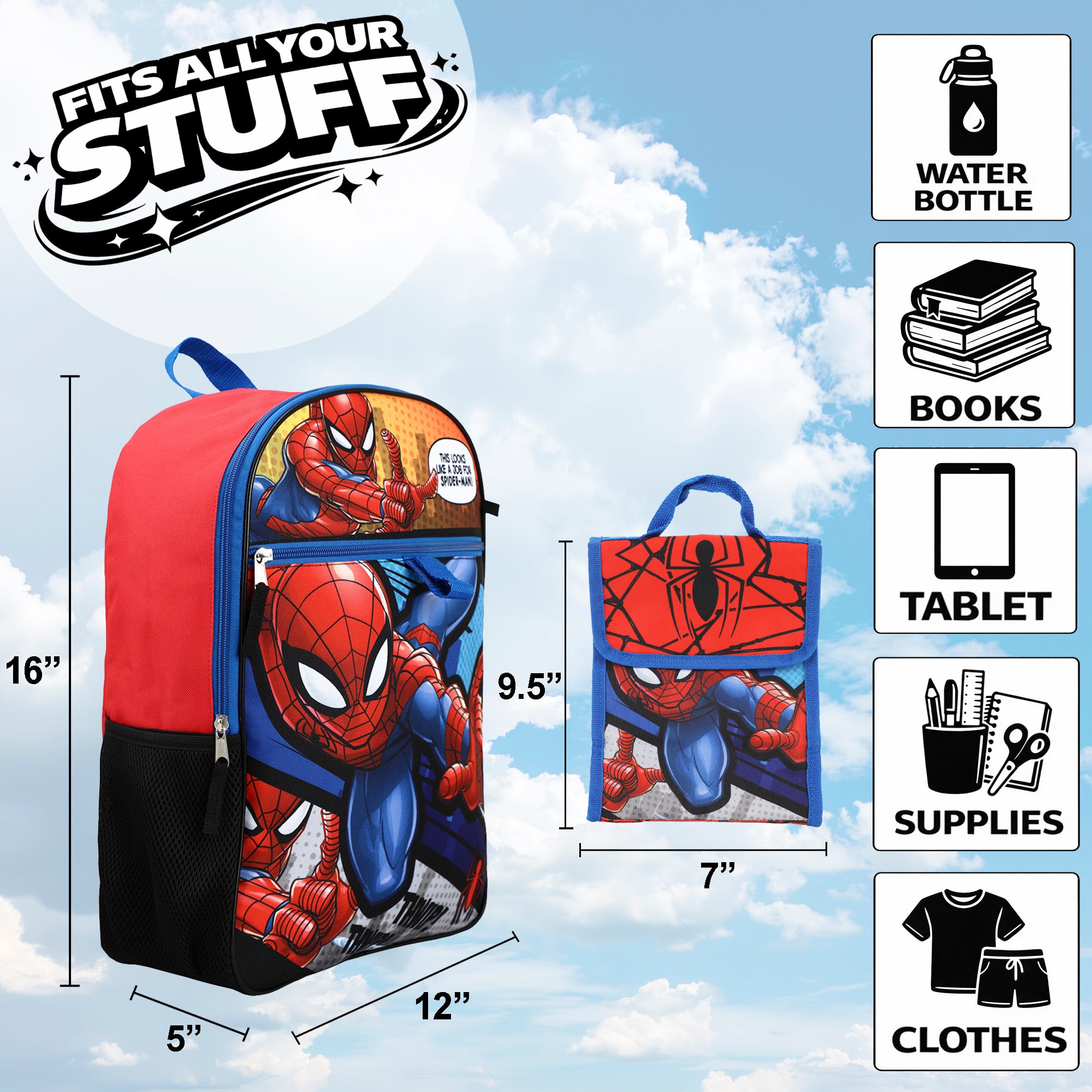 Marvel Spiderman Backpack Accessories 5 Piece Value Set for Boys