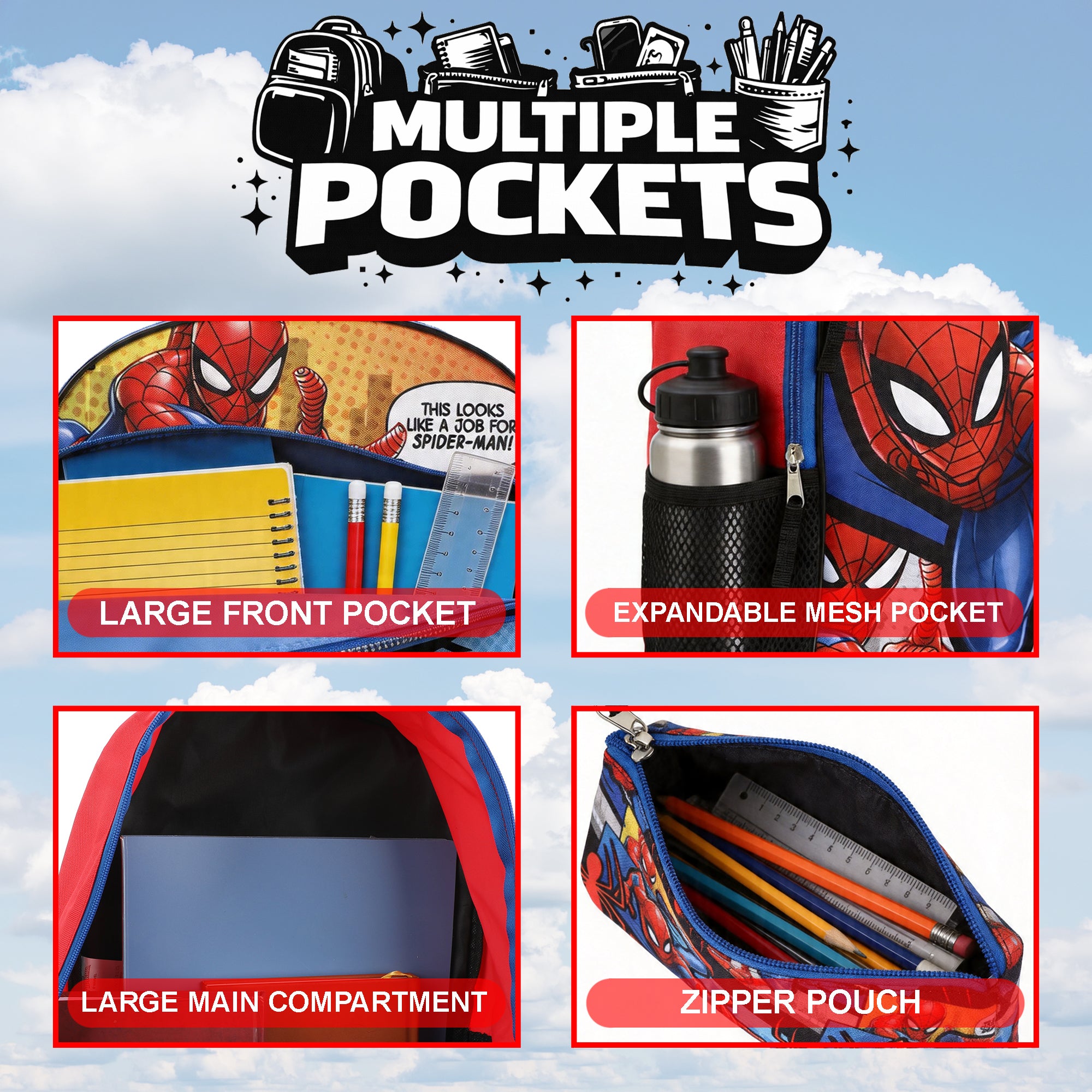 Marvel Spiderman Backpack Accessories 5 Piece Value Set for Boys