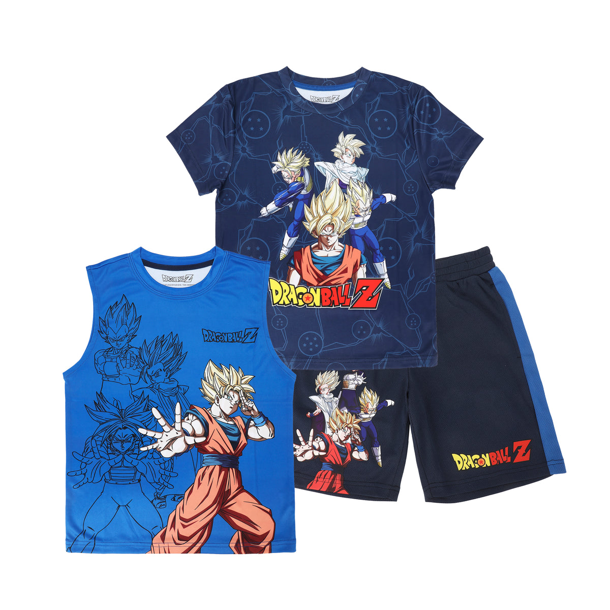 Dragon Ball Z Favorite Characters Youth Boy Muscle Shirt, Short-Sleeve Tee, and Lounge Shorts 3-Piece Combo Set