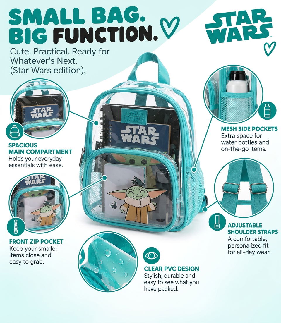Star Wars The Mandalorian Grogu Clear 10" Adult Mini Backpack