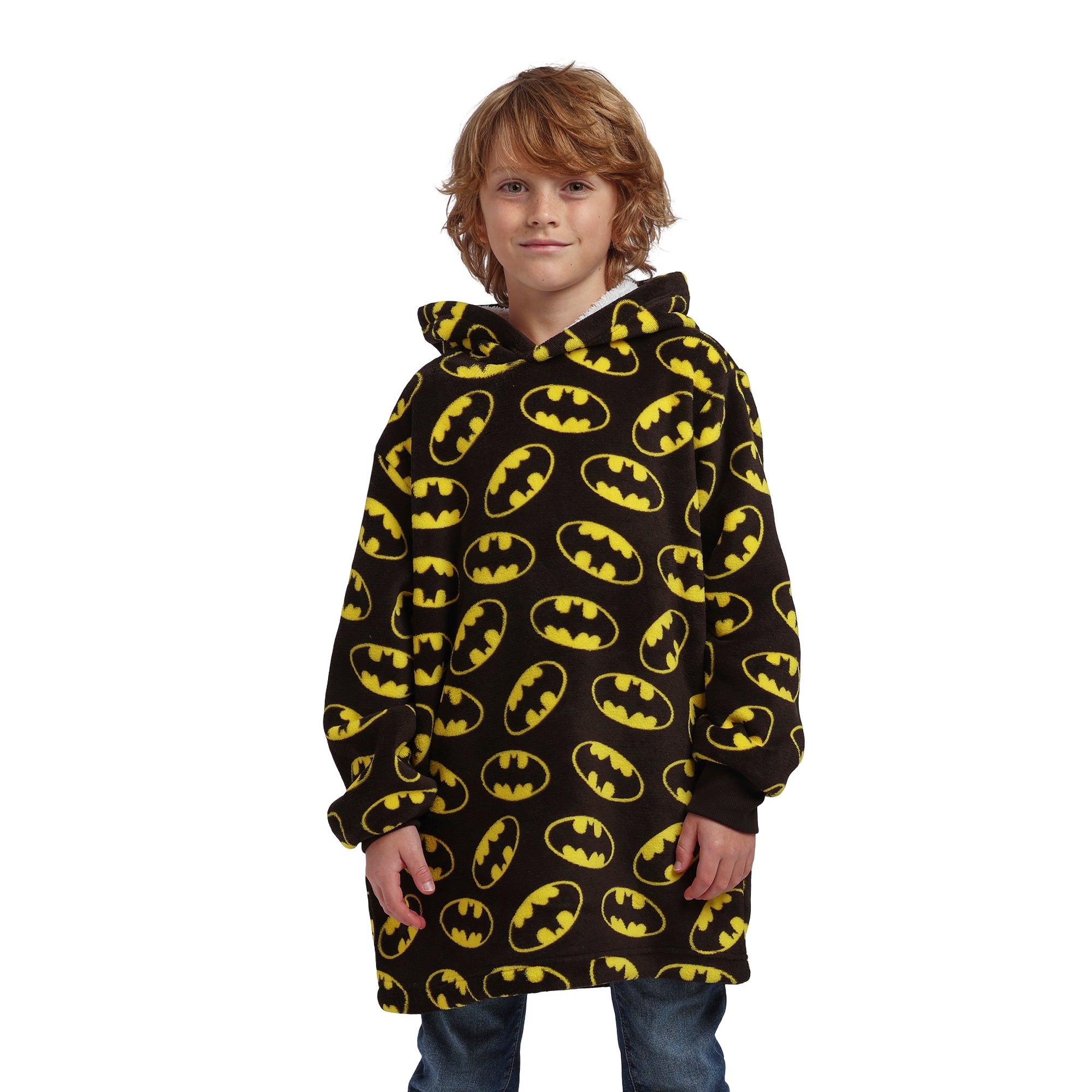 Batman Logo All-Over Print Boy's Black Long Sleeve Sherpa Lined Kids Hoodie Blanket