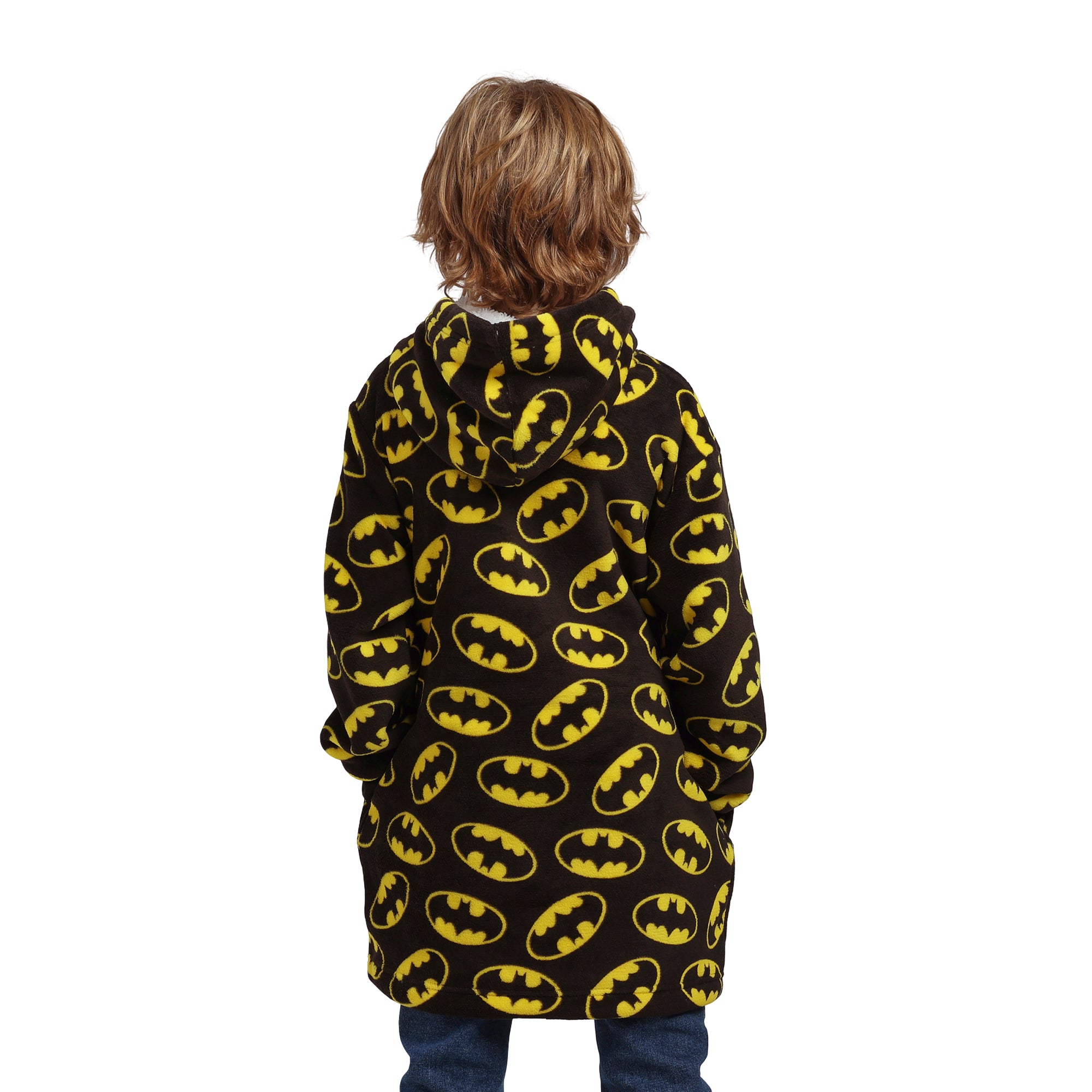 Batman Logo All-Over Print Boy's Black Long Sleeve Sherpa Lined Kids Hoodie Blanket