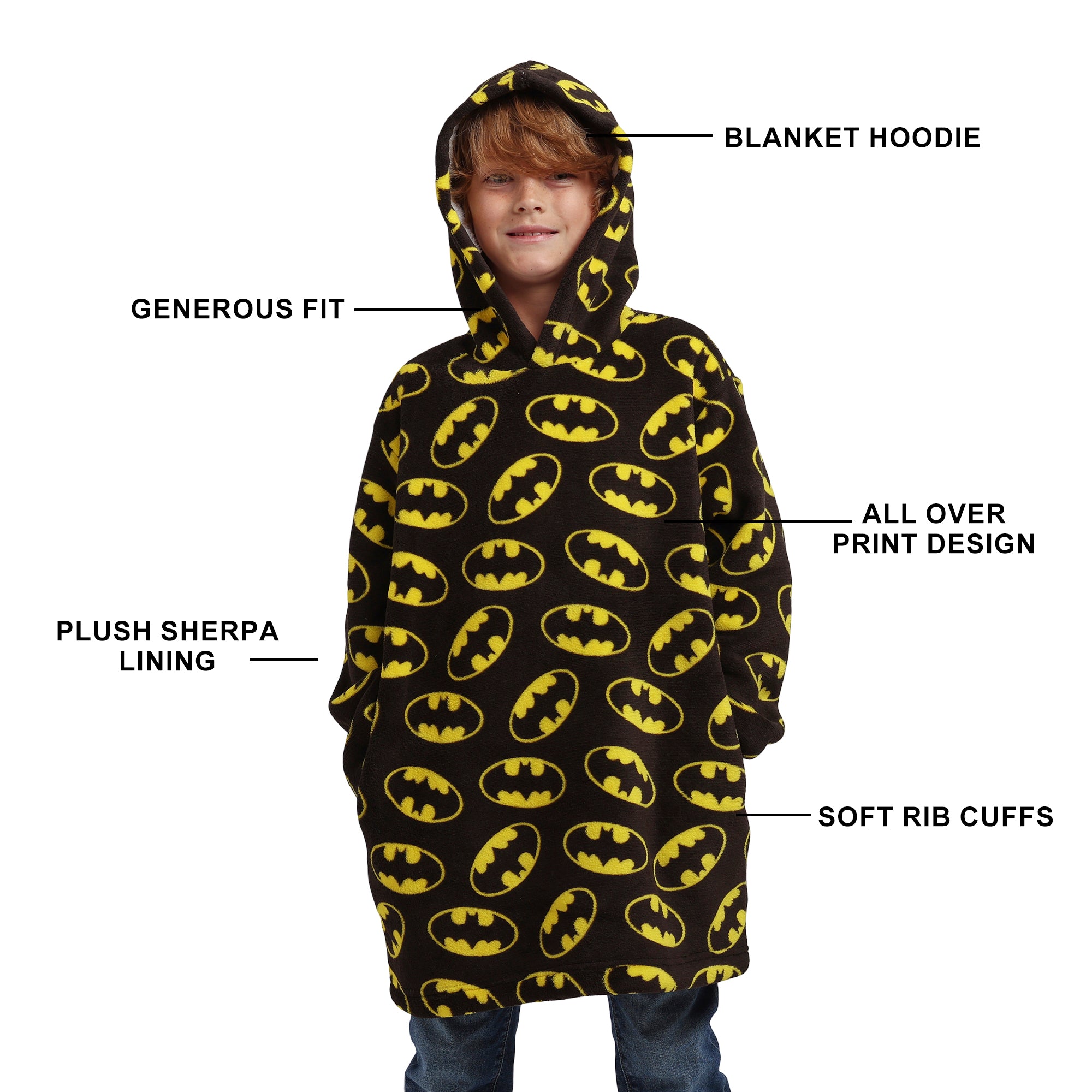 Batman Logo All-Over Print Boy's Black Long Sleeve Sherpa Lined Kids Hoodie Blanket