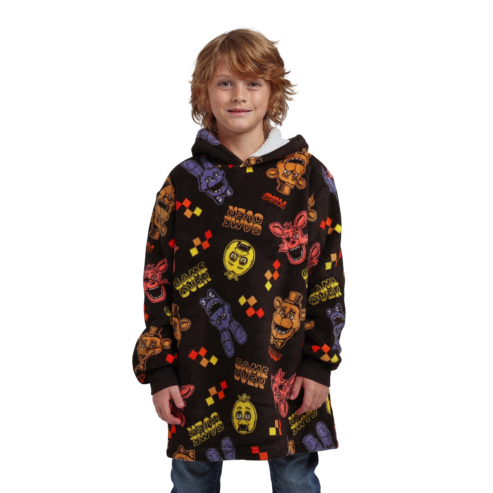 Five Nights At Freddy's Game Over All-Over Print Boy's Black Long Sleeve Sherpa Lined Kids Wearable Hoodie Blanket