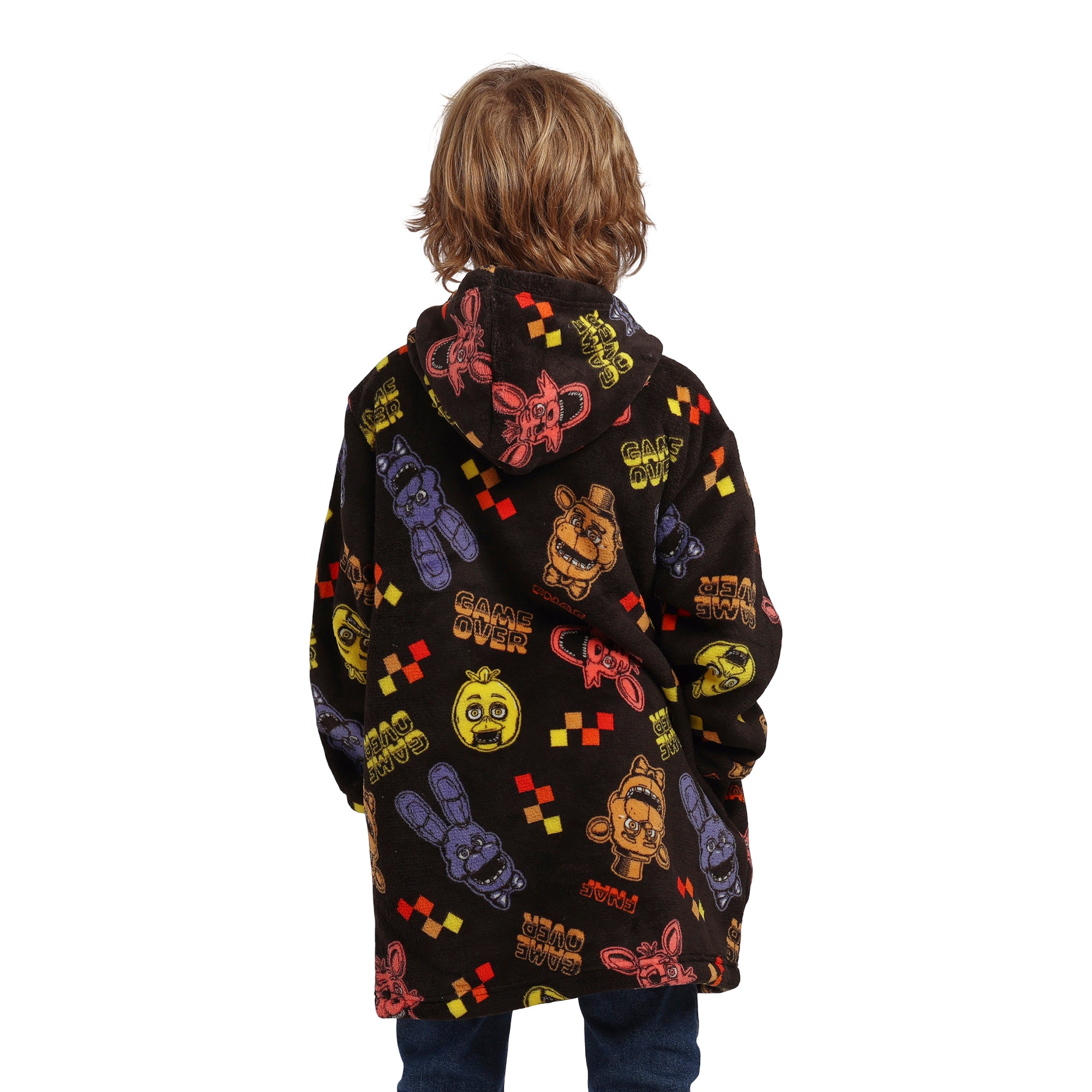 Five Nights At Freddy's Game Over All-Over Print Boy's Black Long Sleeve Sherpa Lined Kids Wearable Hoodie Blanket
