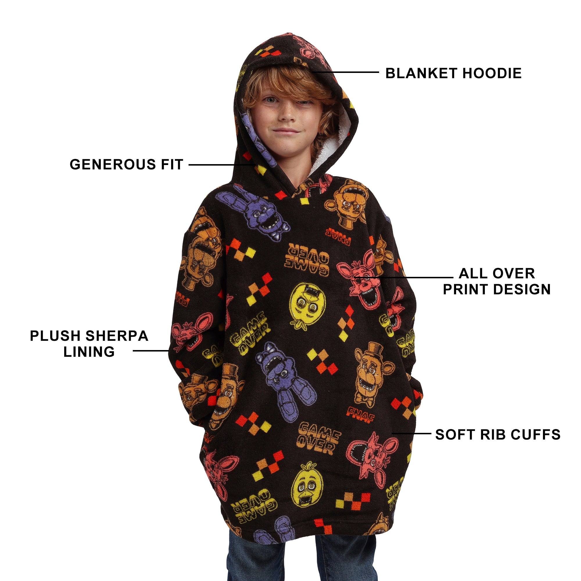 Five Nights At Freddy's Game Over All-Over Print Boy's Black Long Sleeve Sherpa Lined Kids Wearable Hoodie Blanket