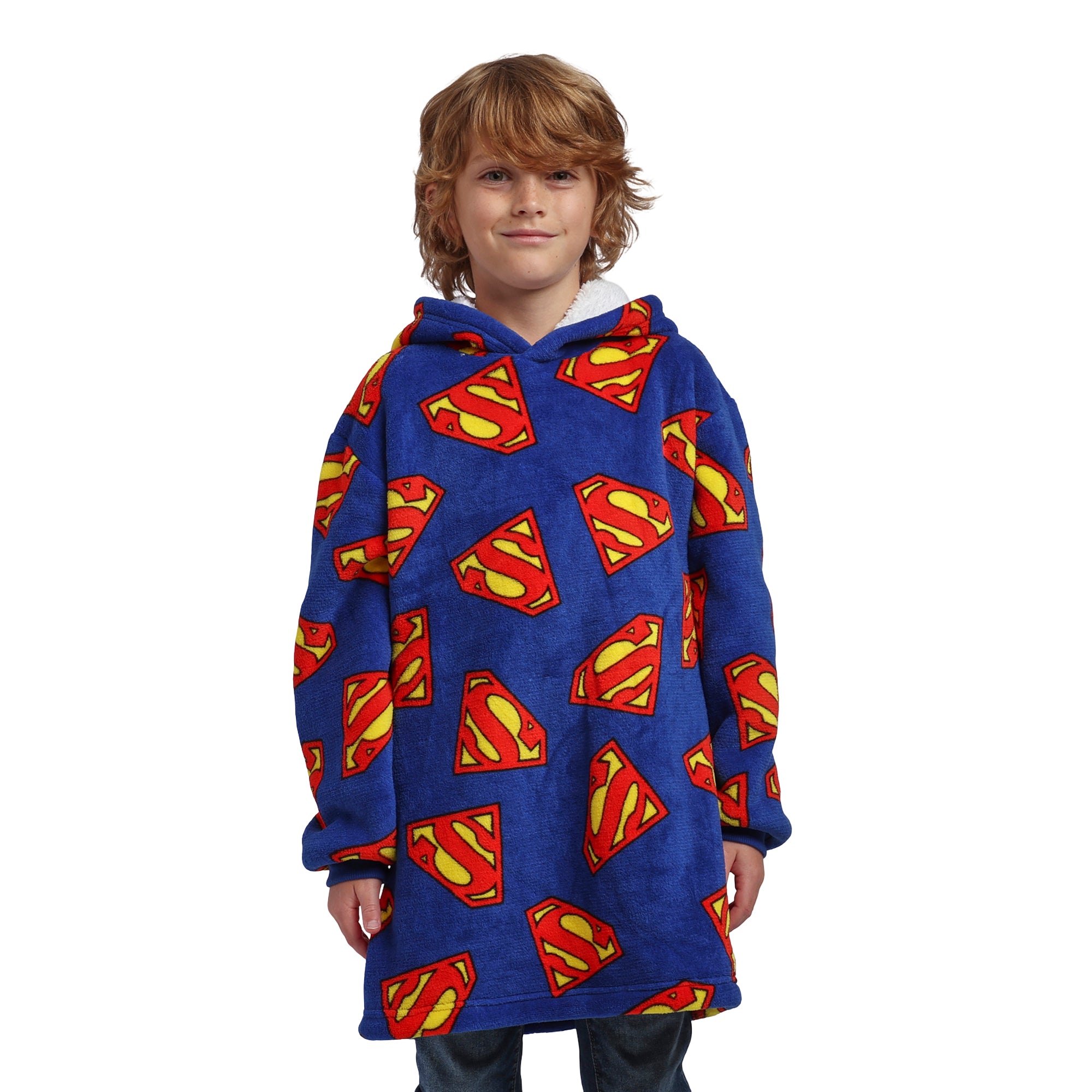 Superman Logo All-Over Print Boy's Blue Long Sleeve Sherpa Lined Kids Wearable Hoodie Blanket