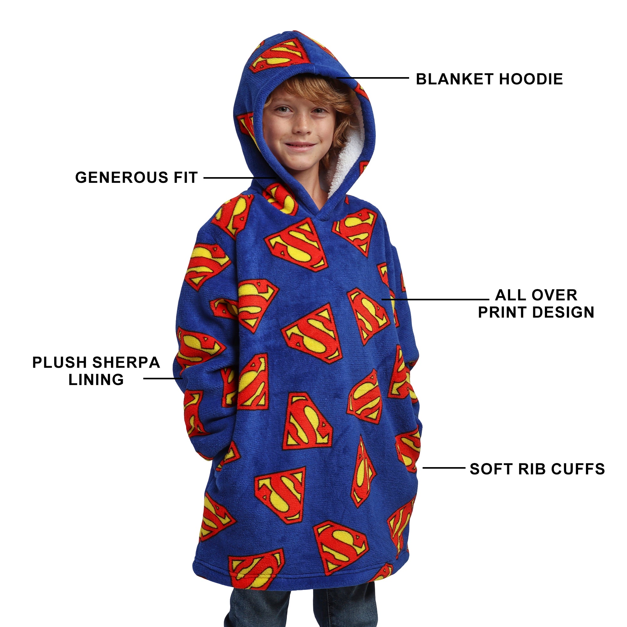 Superman Logo All-Over Print Boy's Blue Long Sleeve Sherpa Lined Kids Wearable Hoodie Blanket