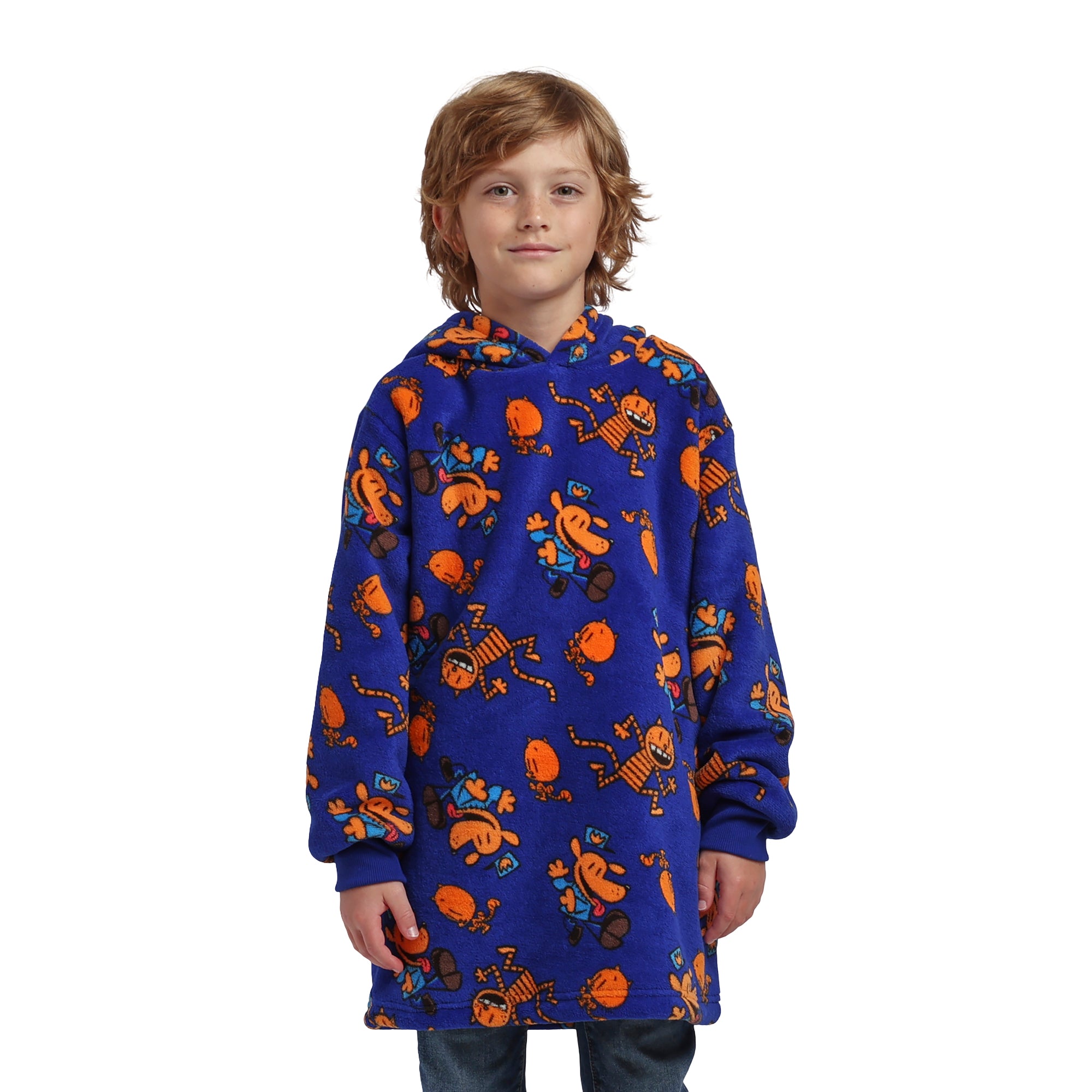 Dog Man Petey & Dog Man All-Over Print Boy's Blue Long Sleeve Sherpa Lined Kids Wearable Hoodie Blanket