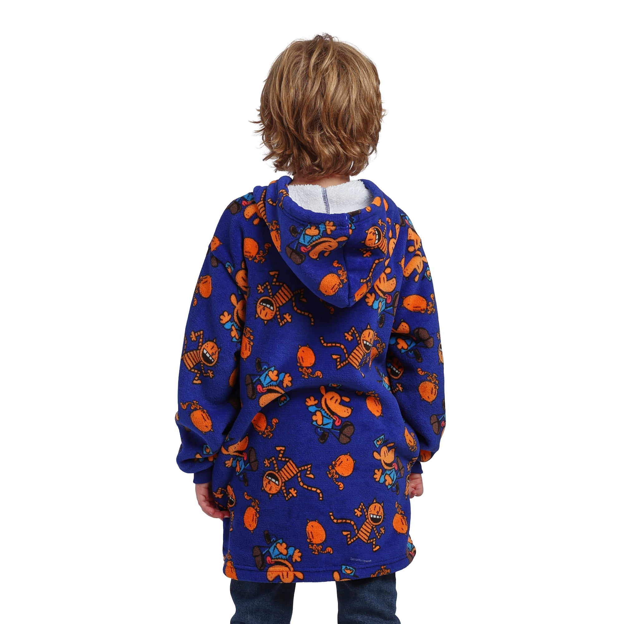 Dog Man Petey & Dog Man All-Over Print Boy's Blue Long Sleeve Sherpa Lined Kids Wearable Hoodie Blanket