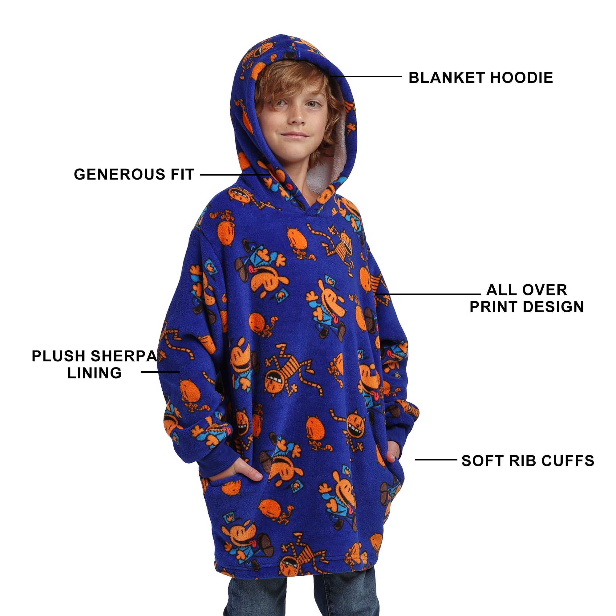 Dog Man Petey & Dog Man All-Over Print Boy's Blue Long Sleeve Sherpa Lined Kids Wearable Hoodie Blanket