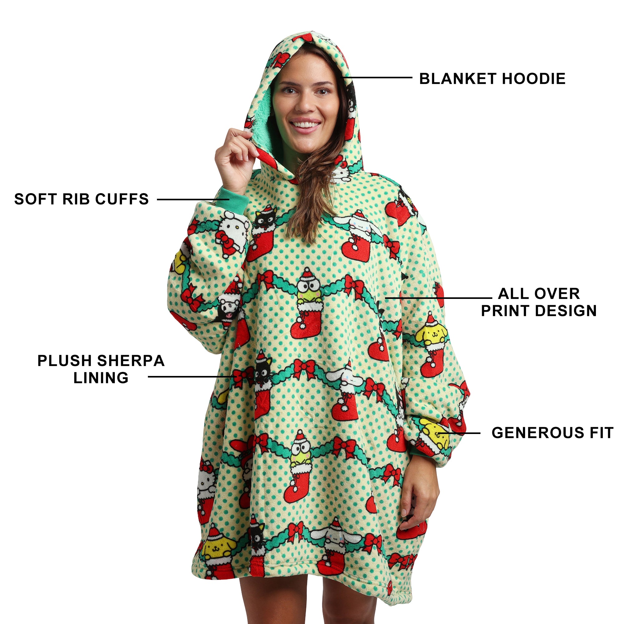 Hello Kitty & Friends Christmas Character Stockings Green Hoodie Wearable BlanketOSFA