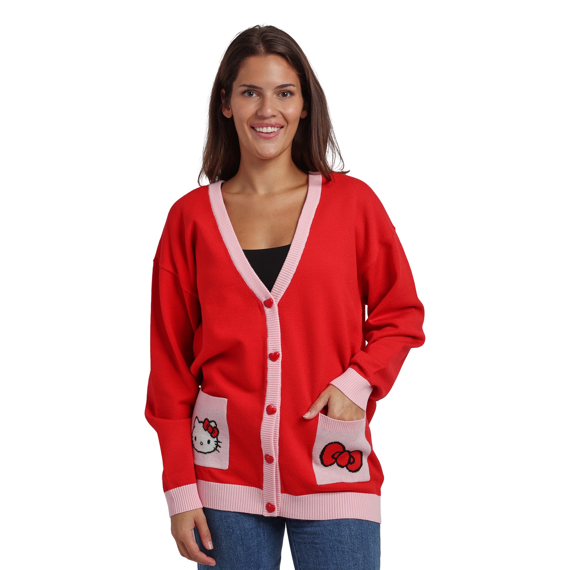 Hello Kitty Character Face & Bow Women's Red Long Sleeve Cardigan Sweater