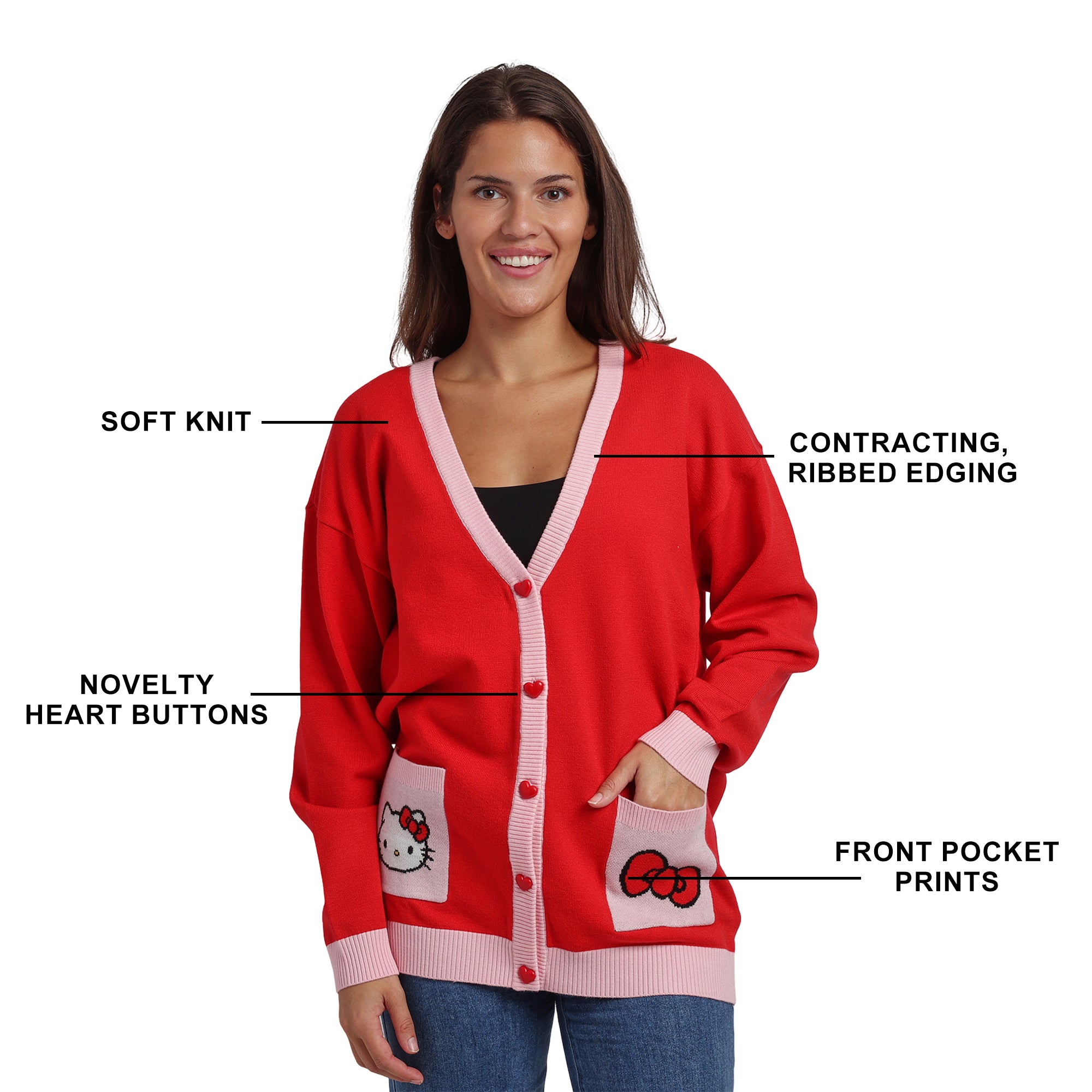 Hello Kitty Character Face & Bow Women's Red Long Sleeve Cardigan Sweater