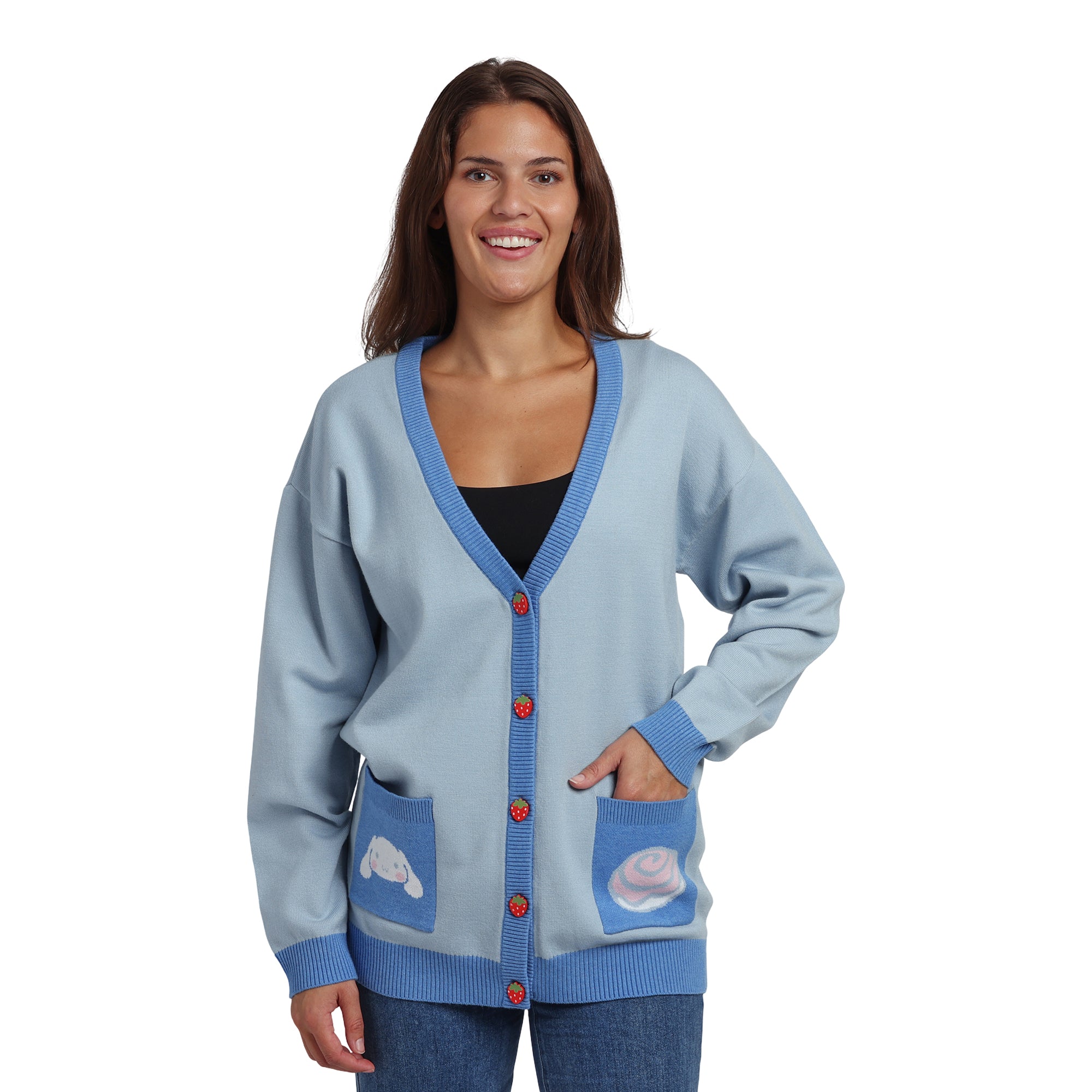 Cinnamoroll Character Face & Cinnamon Roll Women's Blue Long Sleeve Cardigan Sweater