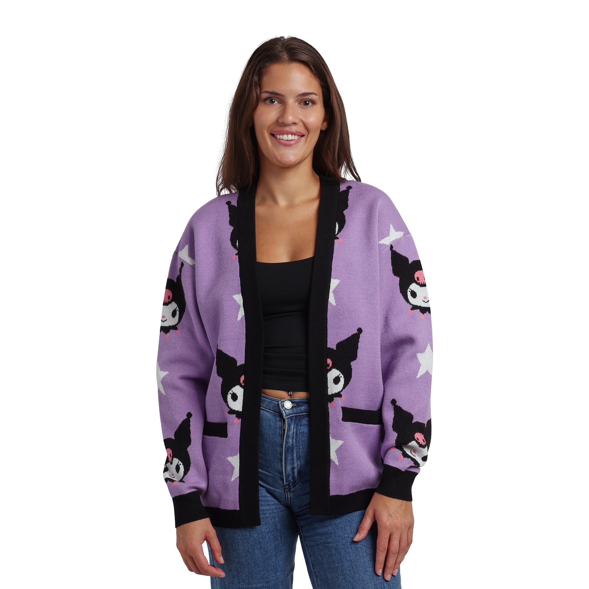 Kuromi Stars All-Over Print Women's Purple Long Sleeve Cardigan