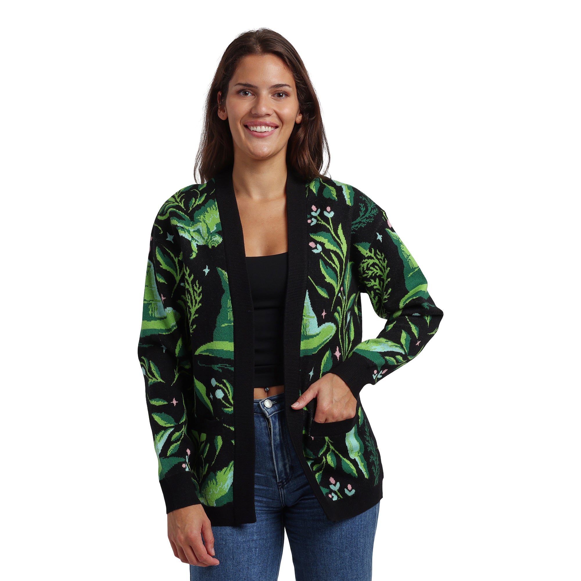 Wicked Witch Hat All-Over Print Women's Black Long Sleeve Cardigan