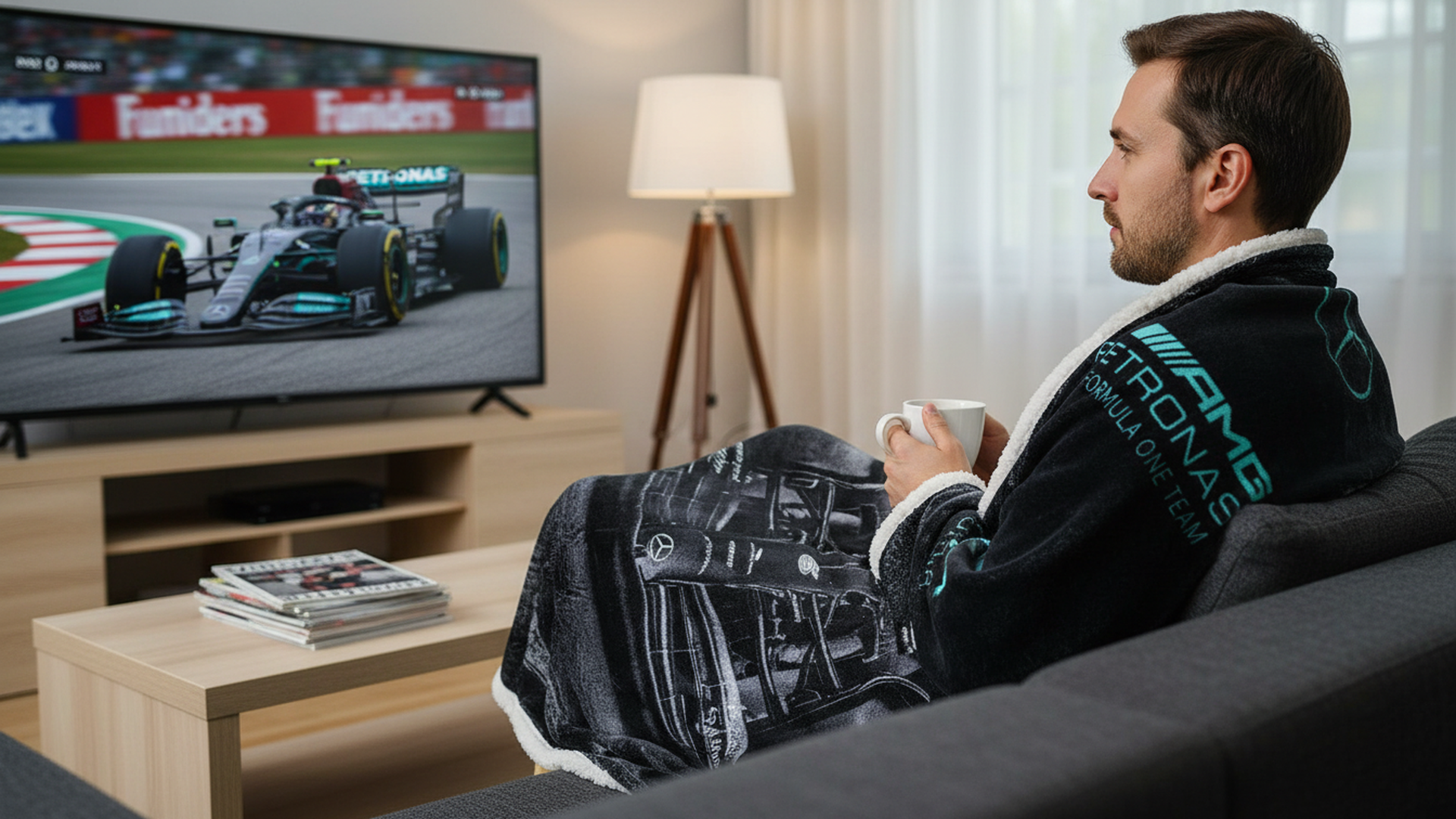 F1 Mercedes AMG Petronas Official Fleece Blanket | Super Soft Warm Throw with Sherpa Reverse Formula One Design | Perfect For Home Bedroom Sleepovers & Camping | Size 47 x 59"