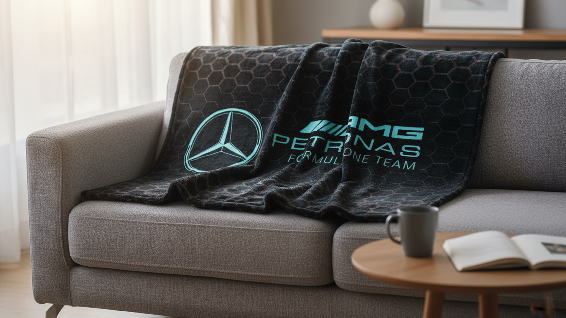 F1 Mercedes AMG Petronas Official Fleece Blanket | Super Soft Warm Black Throw Stealth Formula One Design | Perfect For The Bedroom Camping & Sleepovers 40 x 59"