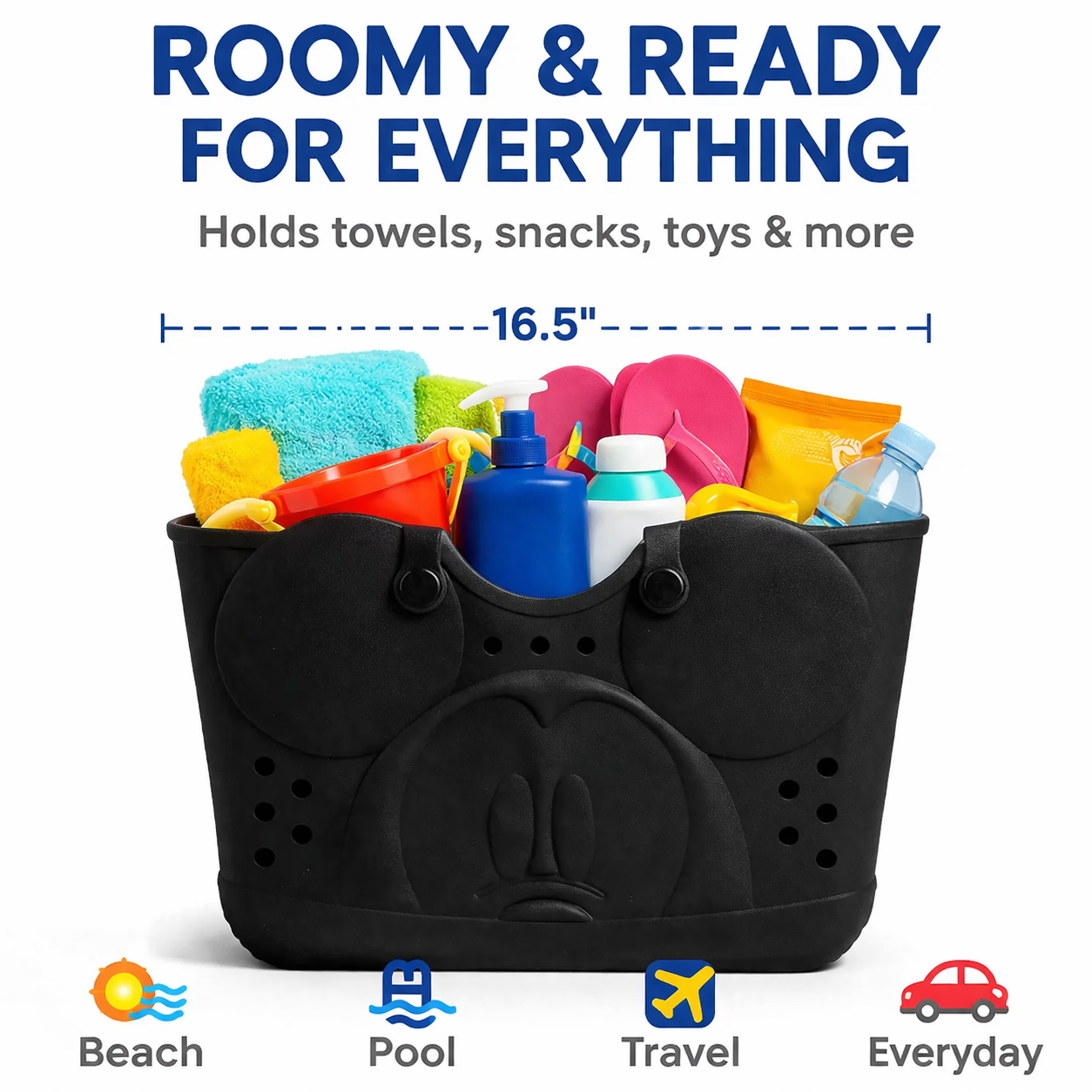 Disney Mickey Mouse EVA Gummy Tote Bag - Waterproof Rubber Beach Bag, Black Mickey Design, Large 16.5" Carry-All for Pool, Travel & Everyday Use