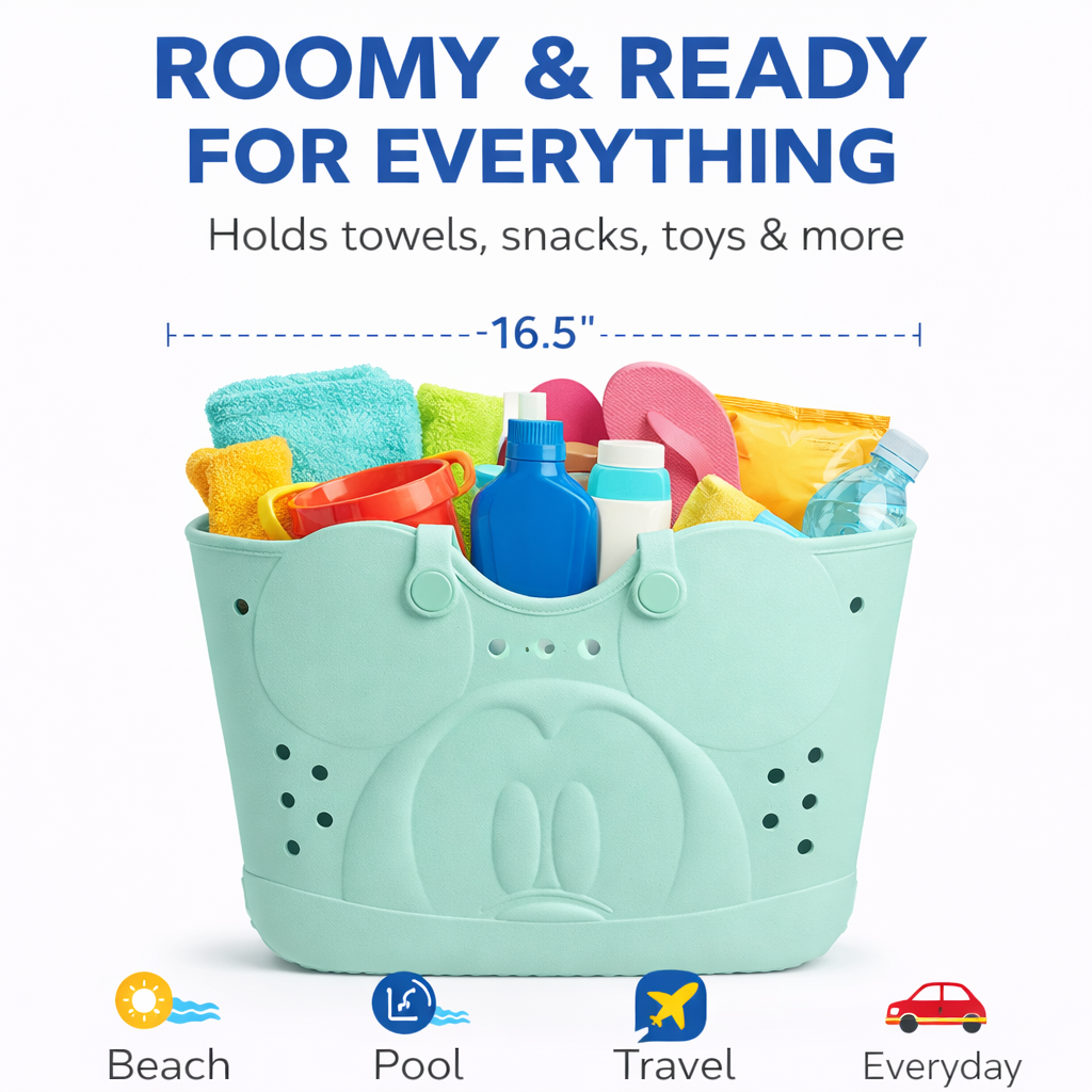 Disney Mickey Mouse EVA Gummy Tote Bag - Waterproof Rubber Beach Bag, Light Green Mickey Design, Large 16.5" Carry-All for Pool, Travel & Everyday Use