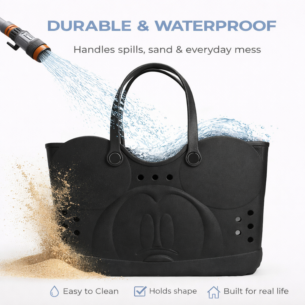 Disney Mickey Mouse EVA Gummy Tote Bag - Waterproof Rubber Beach Bag, Black Mickey Design, Large 16.5" Carry-All for Pool, Travel & Everyday Use