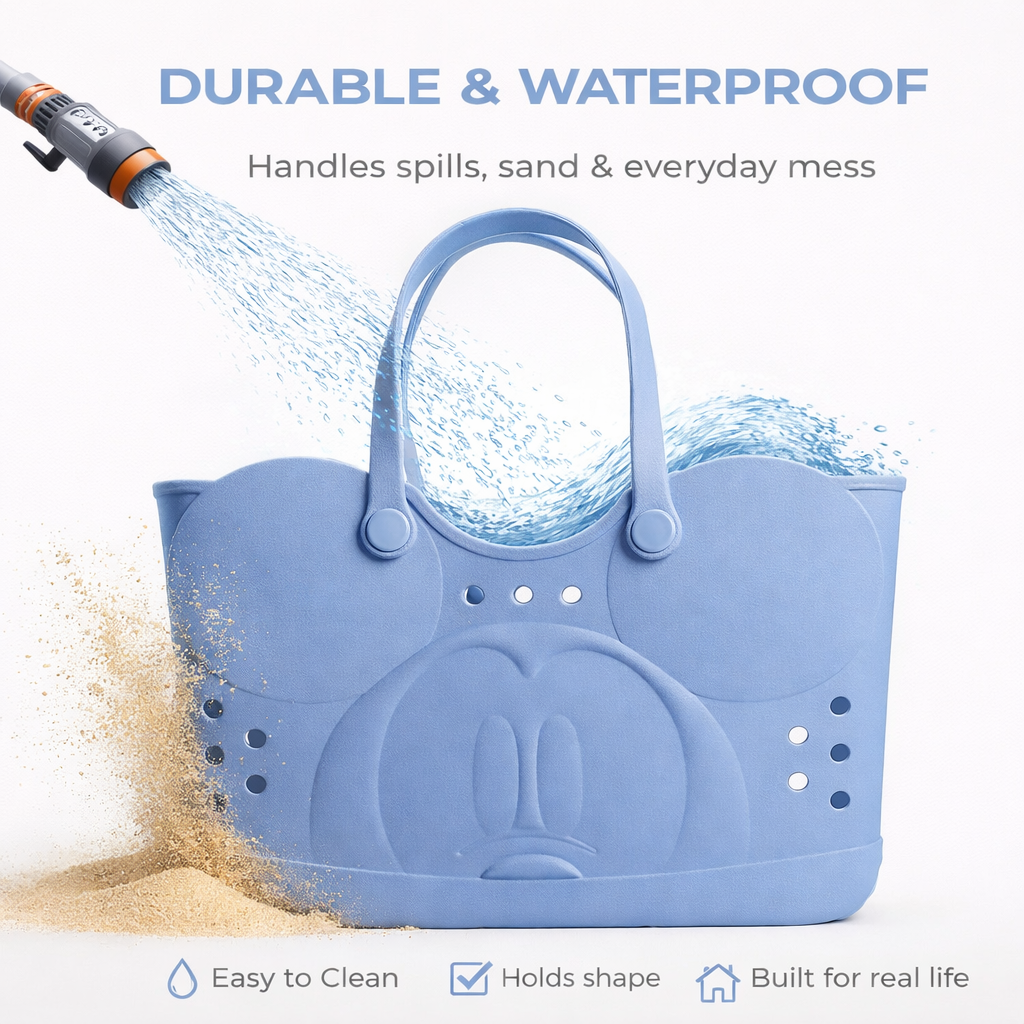 Disney Mickey Mouse EVA Gummy Tote Bag - Waterproof Rubber Beach Bag, Gray Mickey Design, Large 16.5" Carry-All for Pool, Travel & Everyday Use