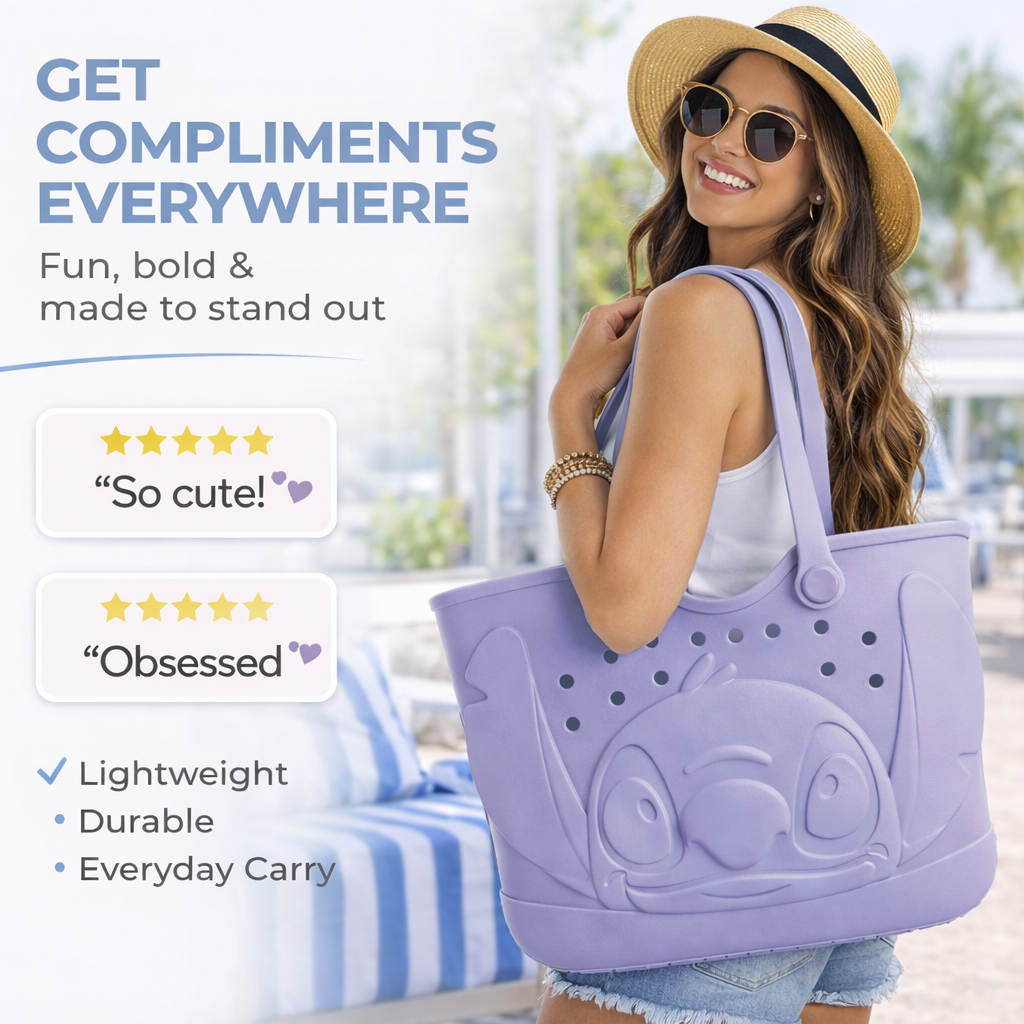 Disney Lilo & Stitch EVA Gummy Tote Bag - Waterproof Rubber Beach Bag, Purple Stitch Design, Large 16.5" Carry-All for Pool, Travel & Everyday Use