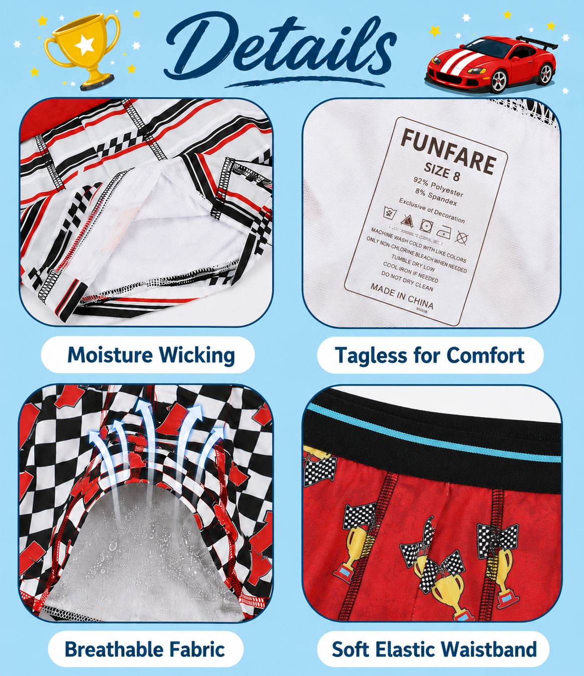 FUNFARE Underwear Racing Boy's 5-Pack Boxer Briefs